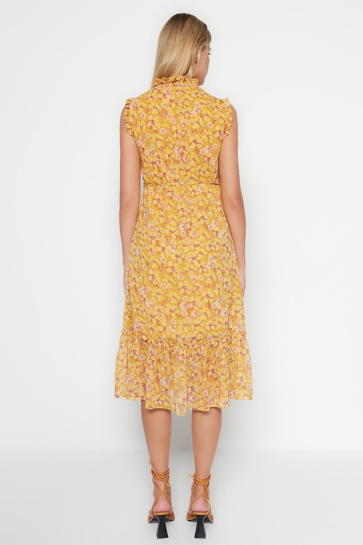 Yellow Floral Standing Collar Shift Dress, , large image number 5
