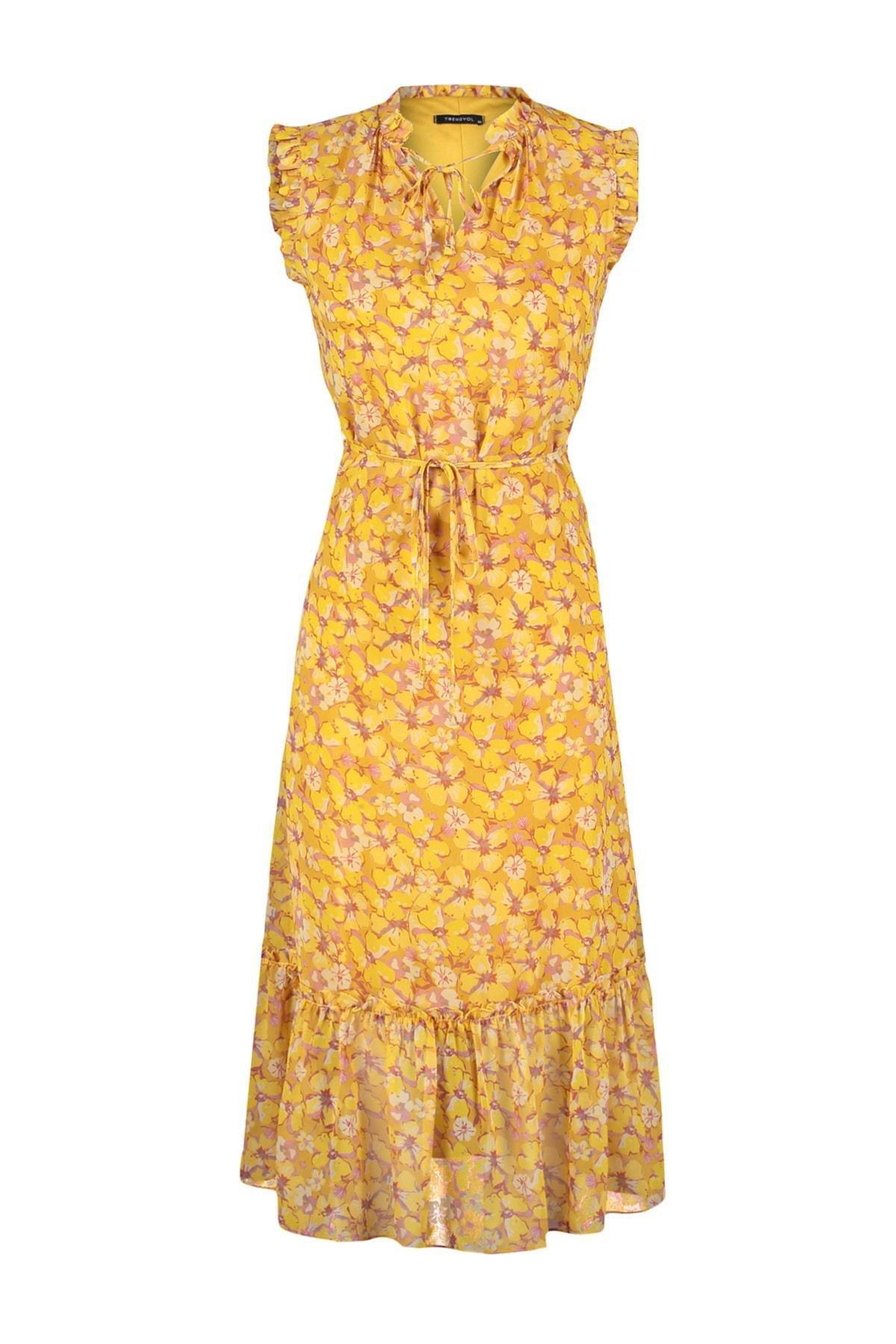 Yellow Floral Standing Collar Shift Dress, , large image number 6