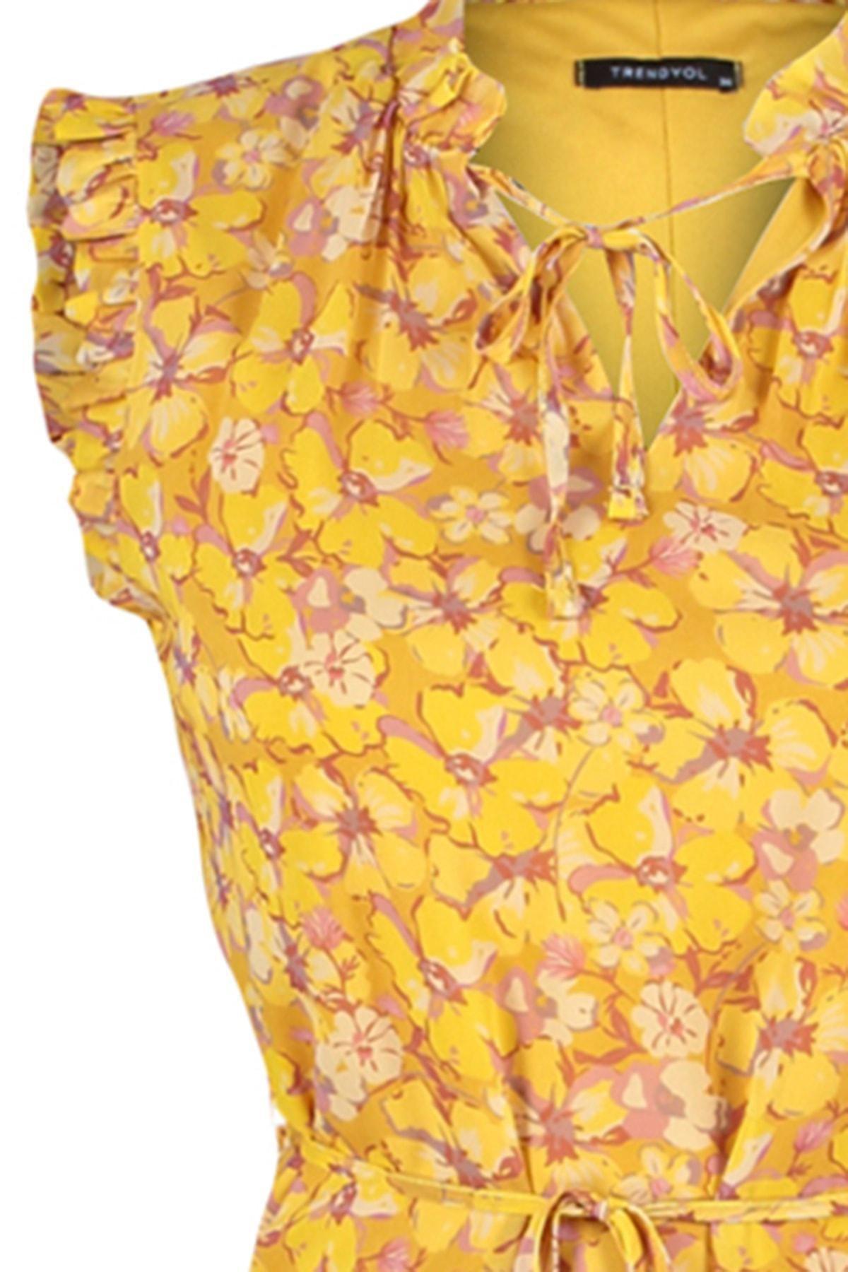 Yellow Floral Standing Collar Shift Dress, , large image number 7