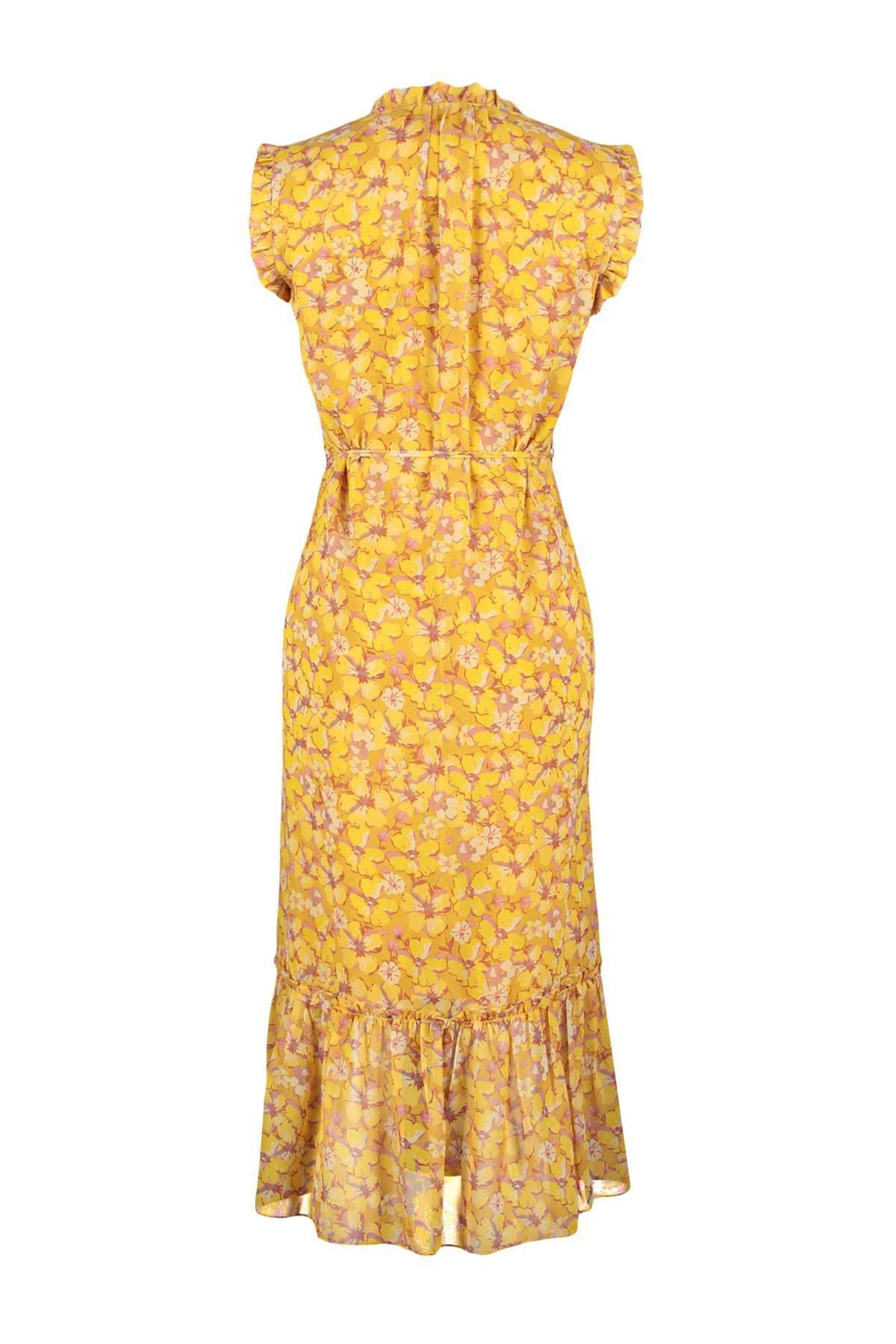 Yellow Floral Standing Collar Shift Dress, , large image number 8