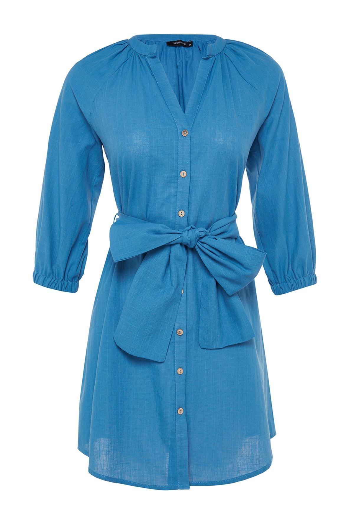 Trendyol - Blue V-Neck Shirt Dress