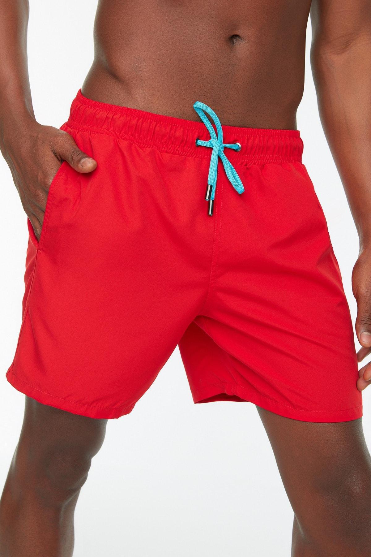 Trendyol - Red Plain Mid Waist Swim Shorts