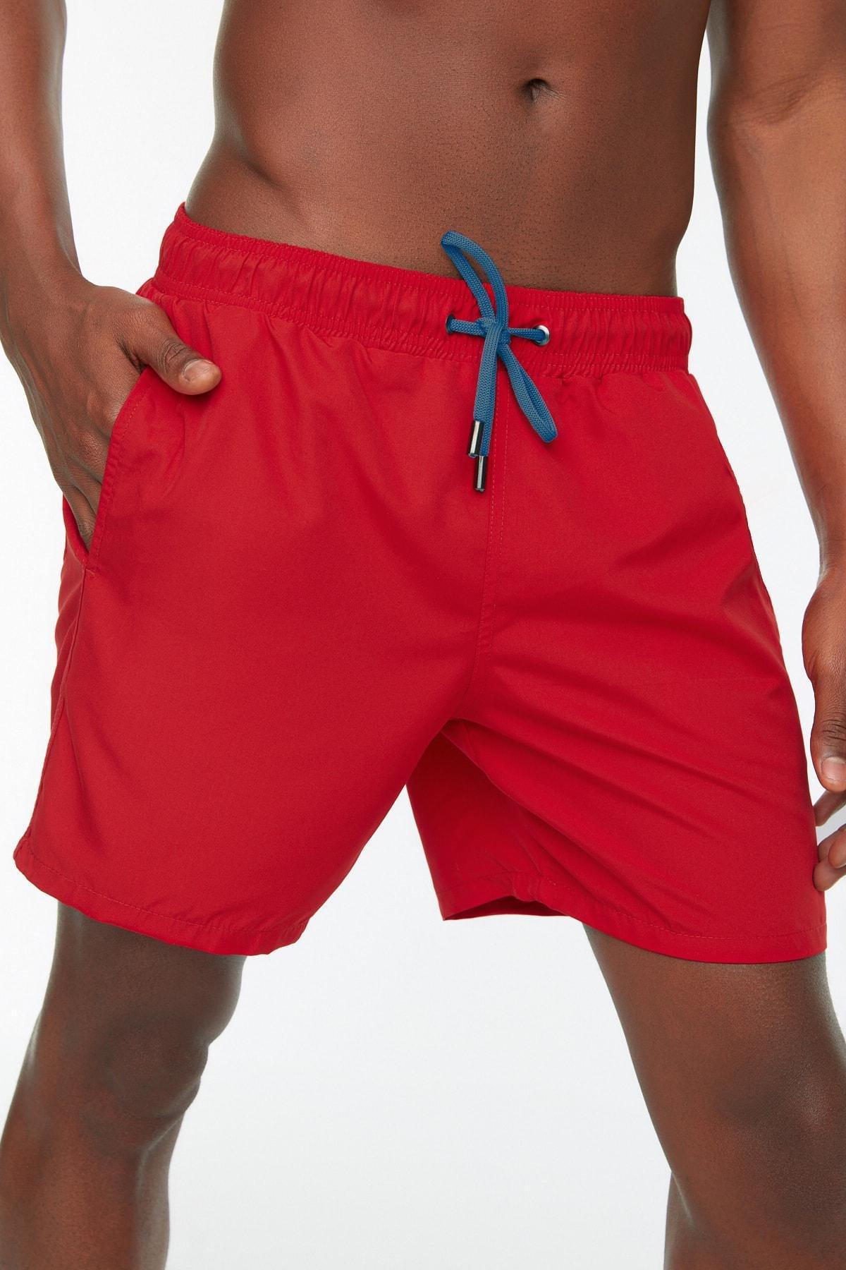 Trendyol - Red Plain Mid Waist Swim Shorts