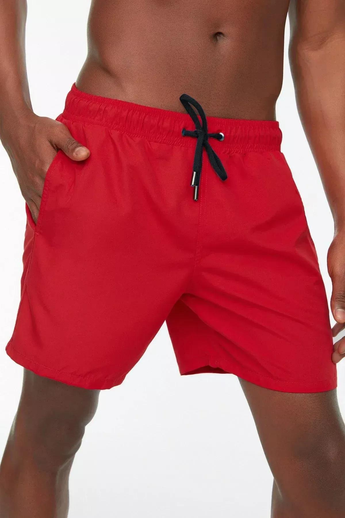 شورت سباحة سادة بخصر متوسط الارتفاع، أحمر, Red, large image number 3