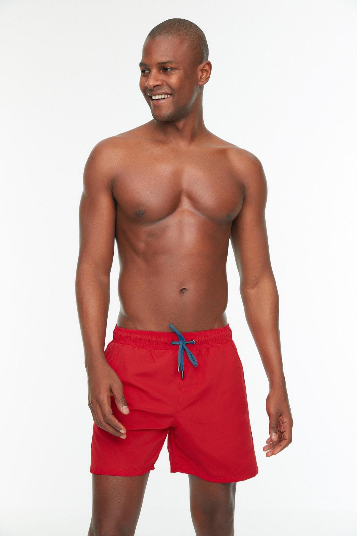 Trendyol - Red Plain Mid Waist Swim Shorts