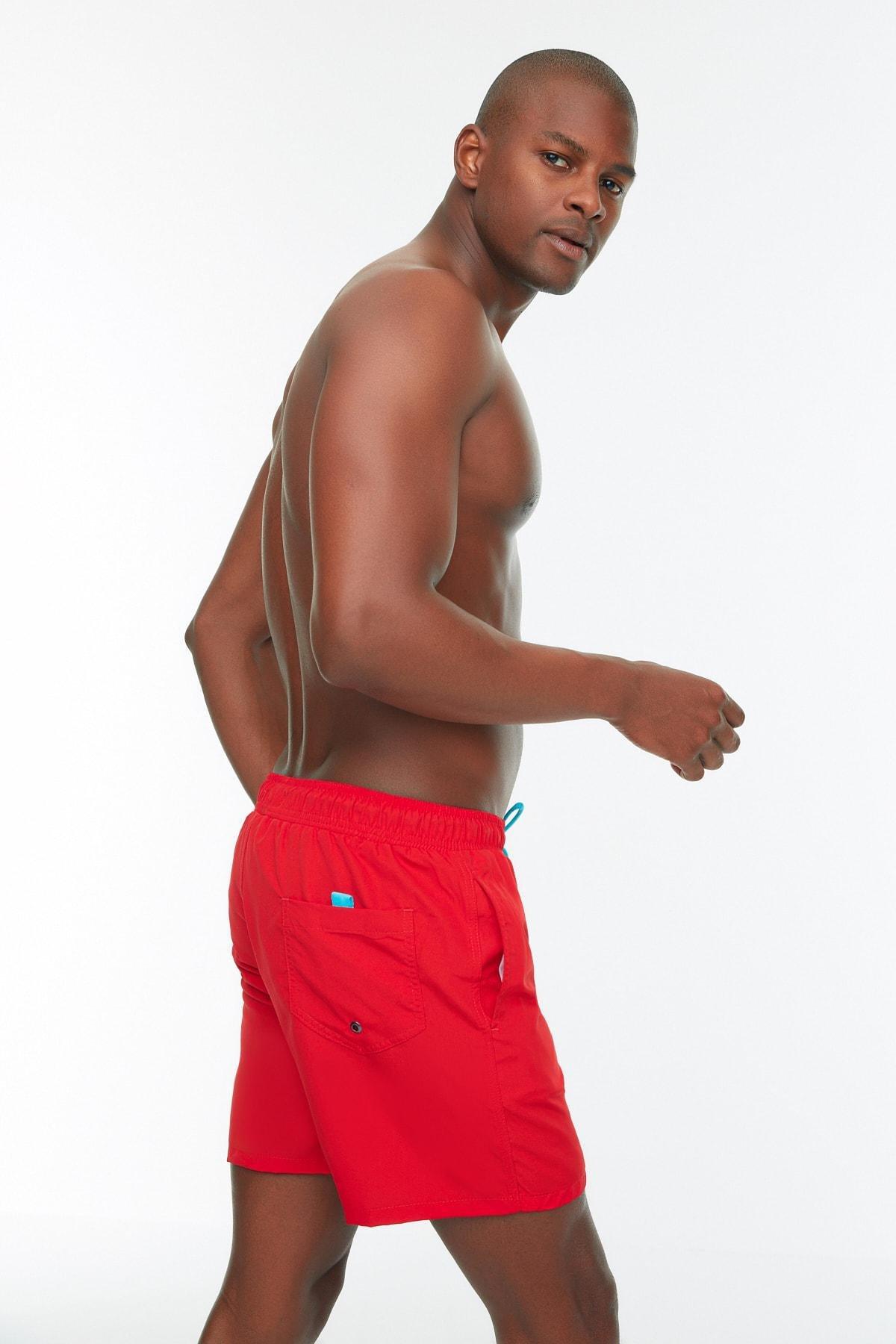 Trendyol - Red Plain Mid Waist Swim Shorts