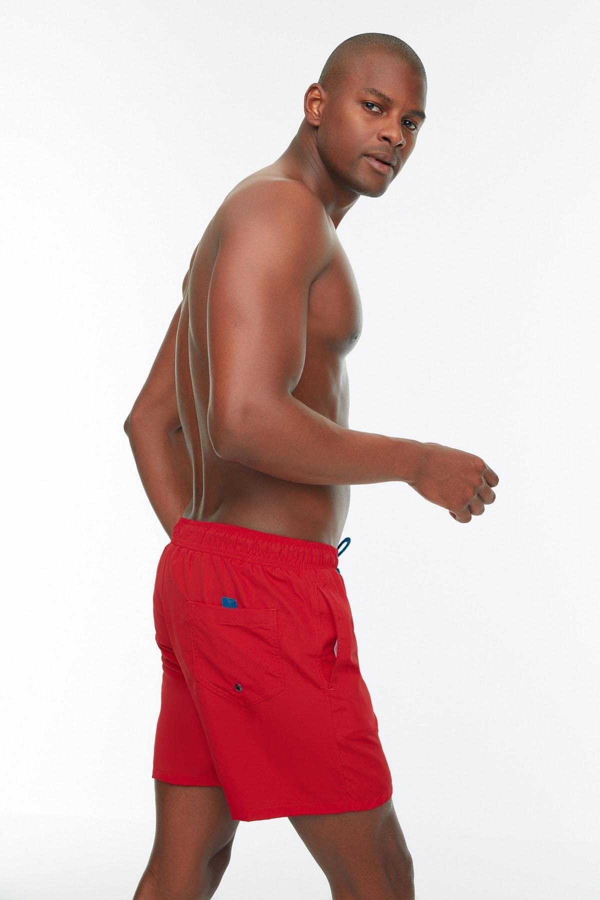 Trendyol - Red Plain Mid Waist Swim Shorts