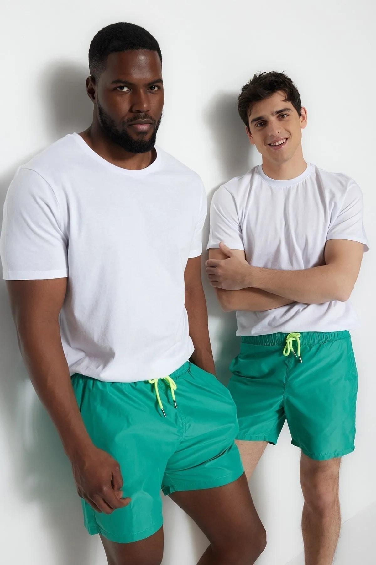 Green Plain Mid Waist Swim Shorts, , large image number 1