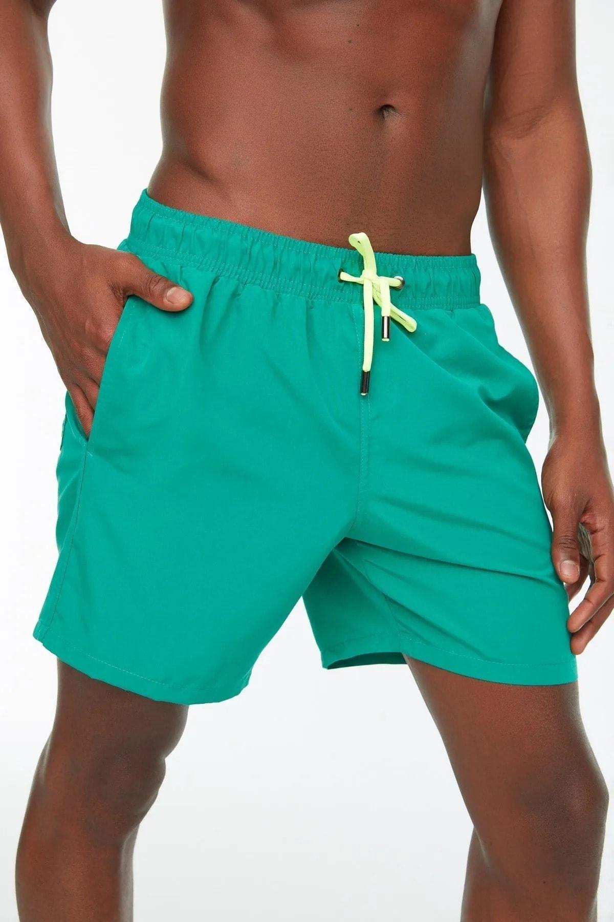 Green Plain Mid Waist Swim Shorts, , large image number 3