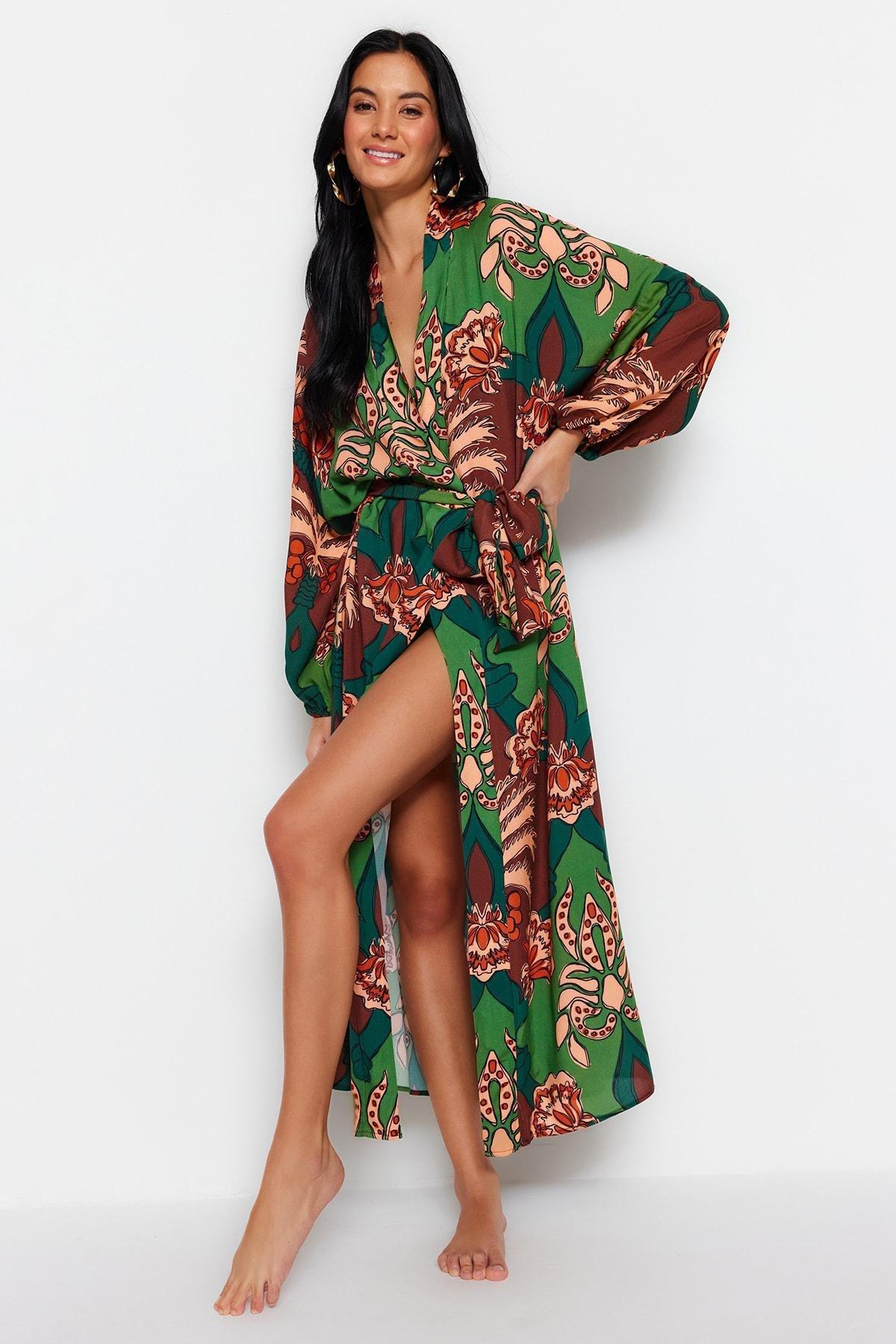 Patterned Collar Kimono, Brown, large image number 0