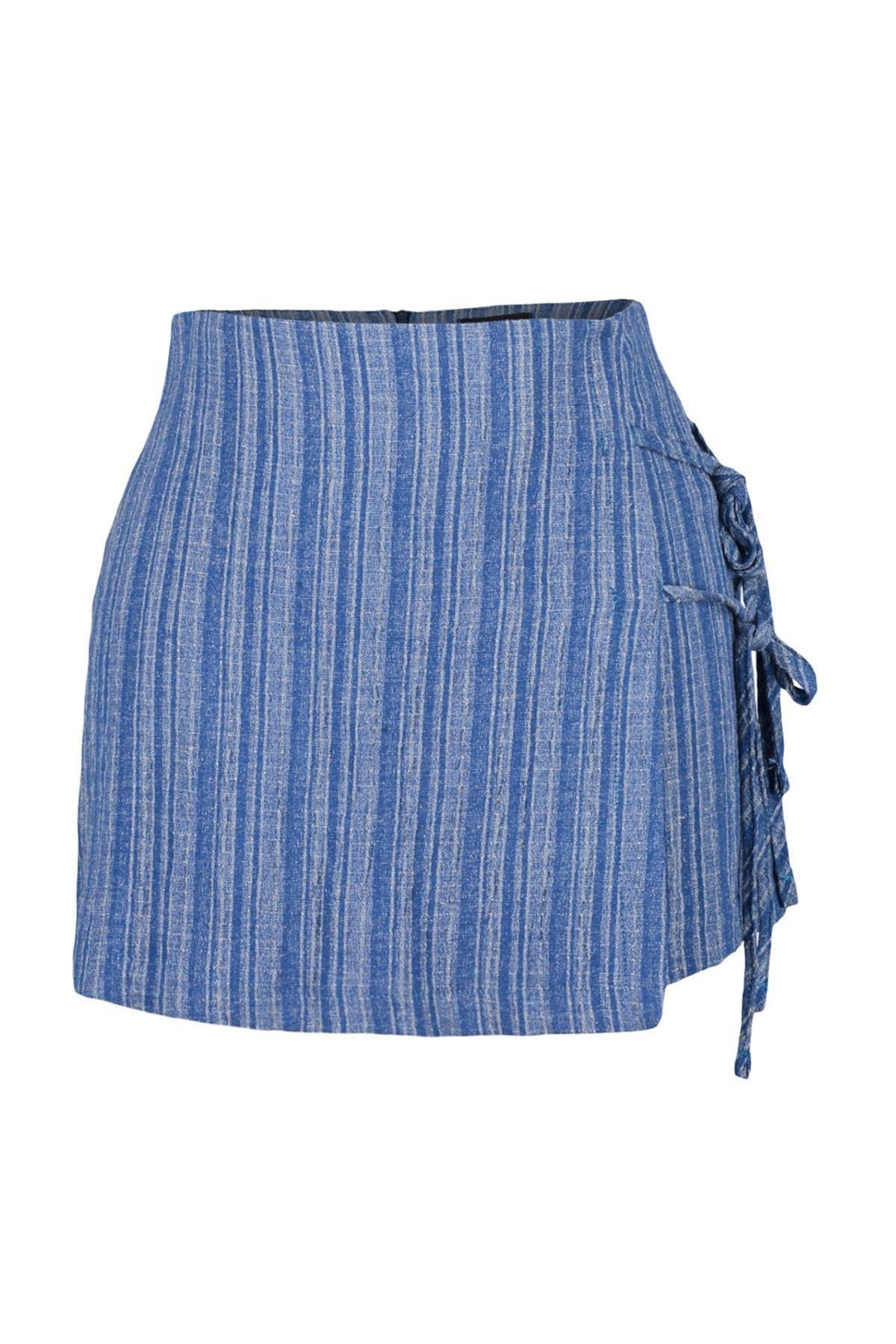 Blue High Waist Straight Shorts, , large image number 4