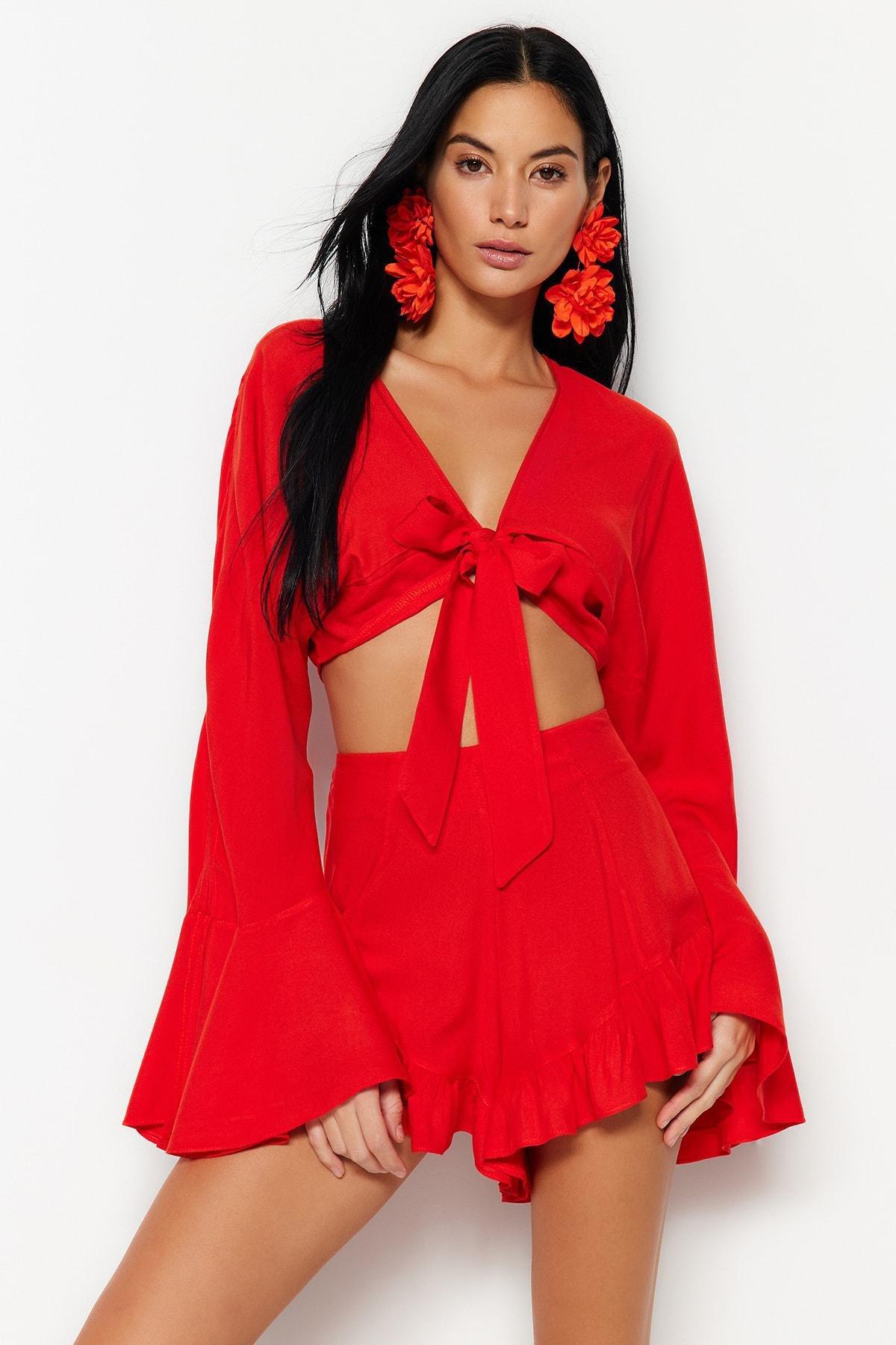 Red V-Neck Ruffle Sleeve Co-Ord Set, , large image number 0