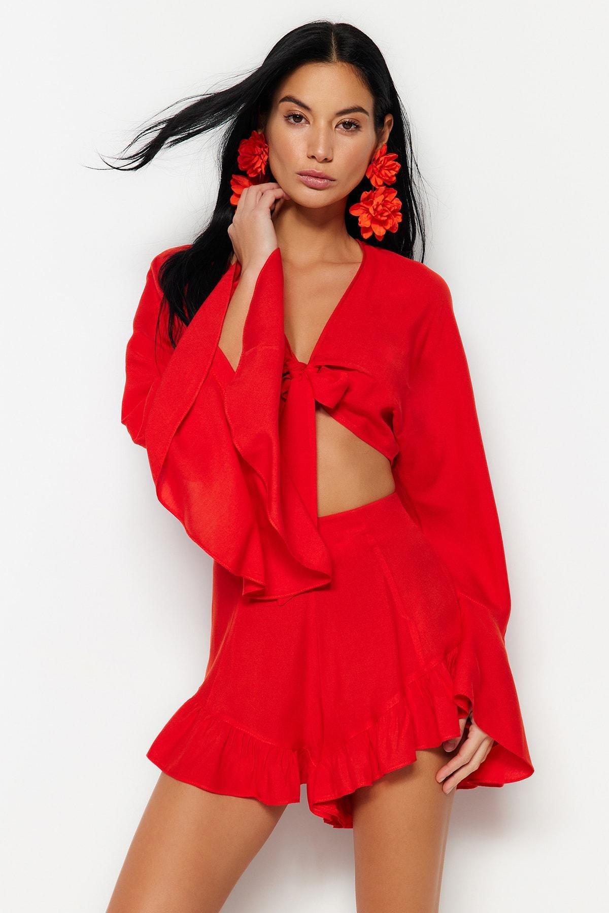 Red V-Neck Ruffle Sleeve Co-Ord Set, , large image number 1