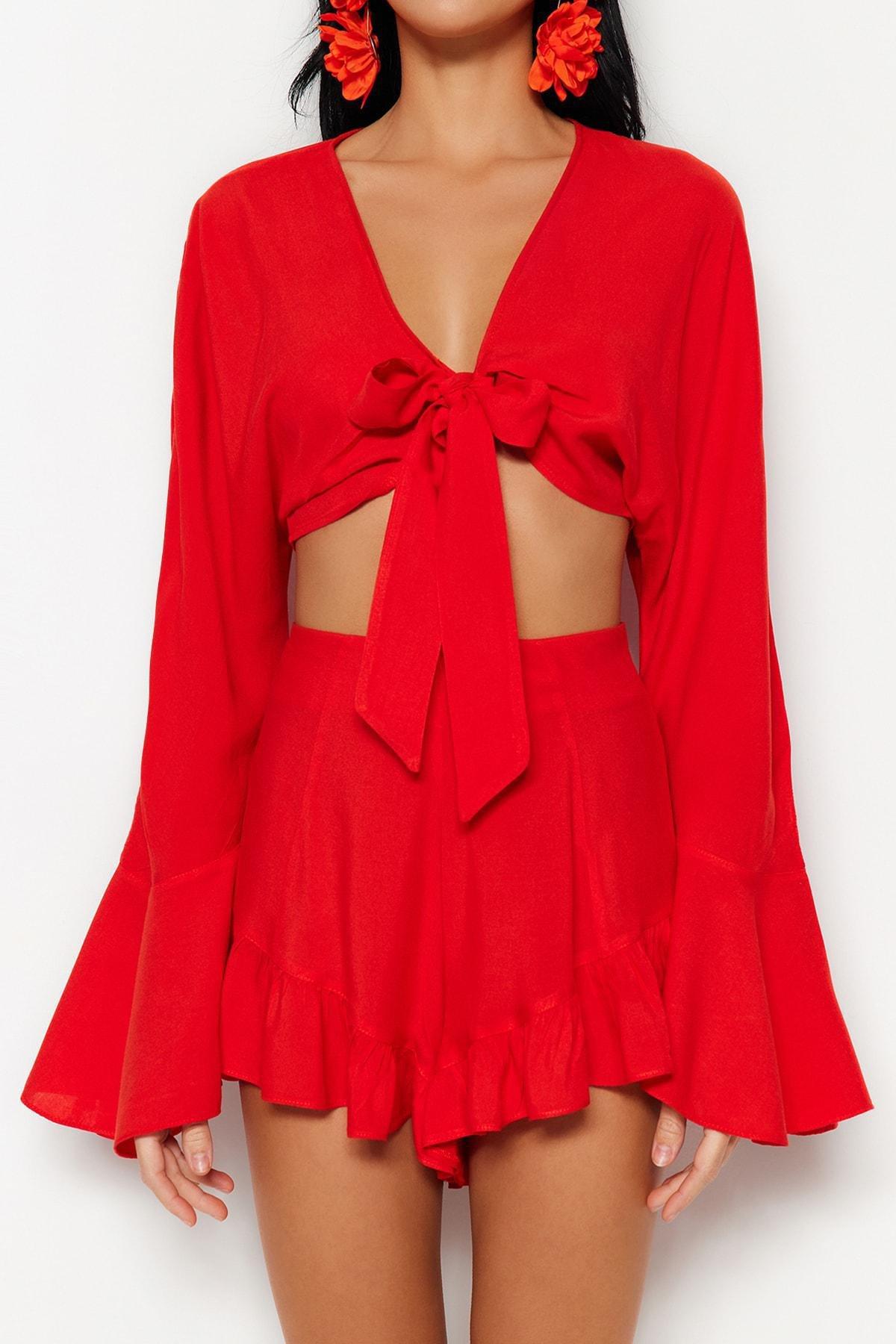 Red V-Neck Ruffle Sleeve Co-Ord Set, , large image number 2