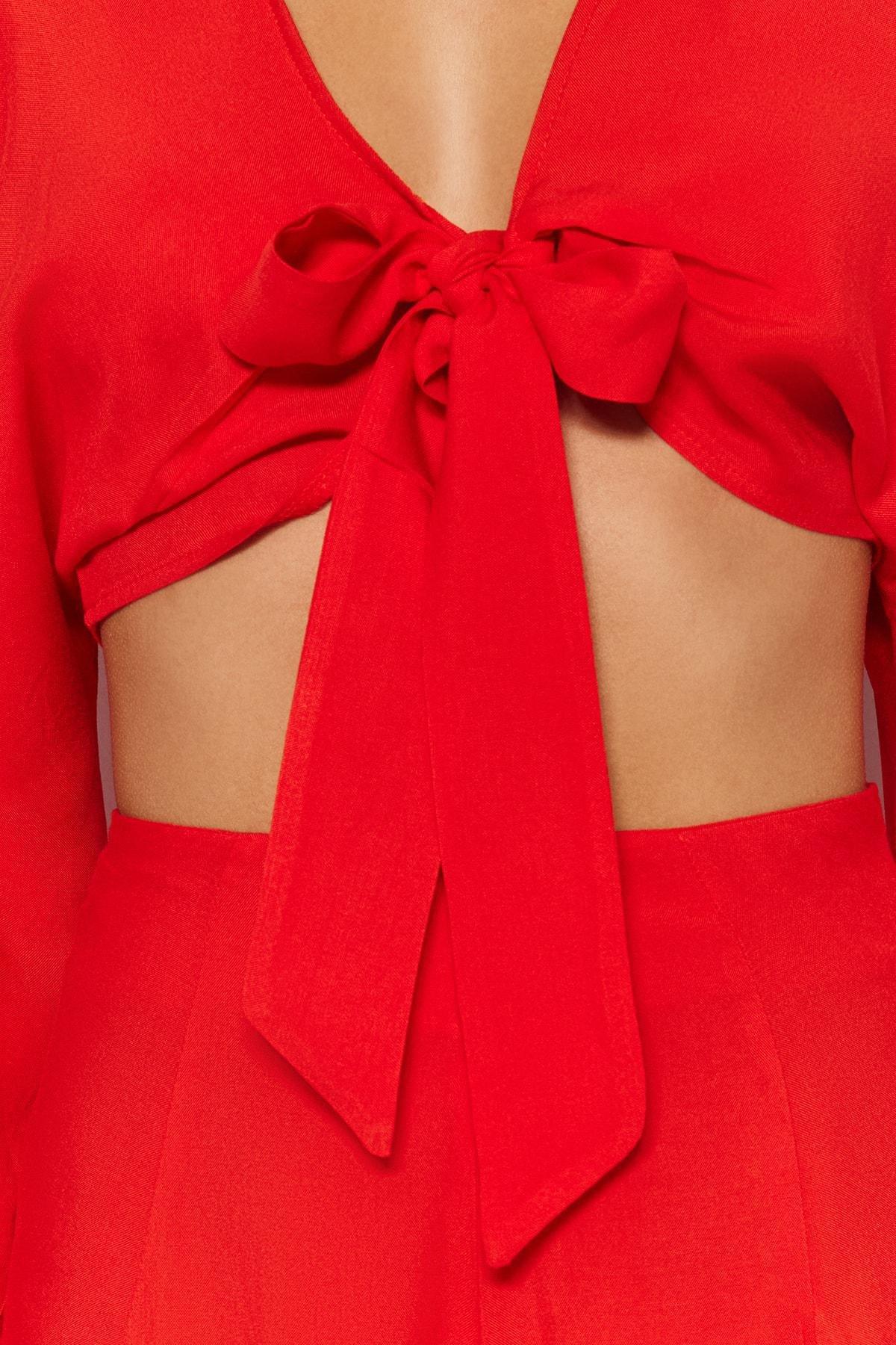 Red V-Neck Ruffle Sleeve Co-Ord Set, , large image number 3