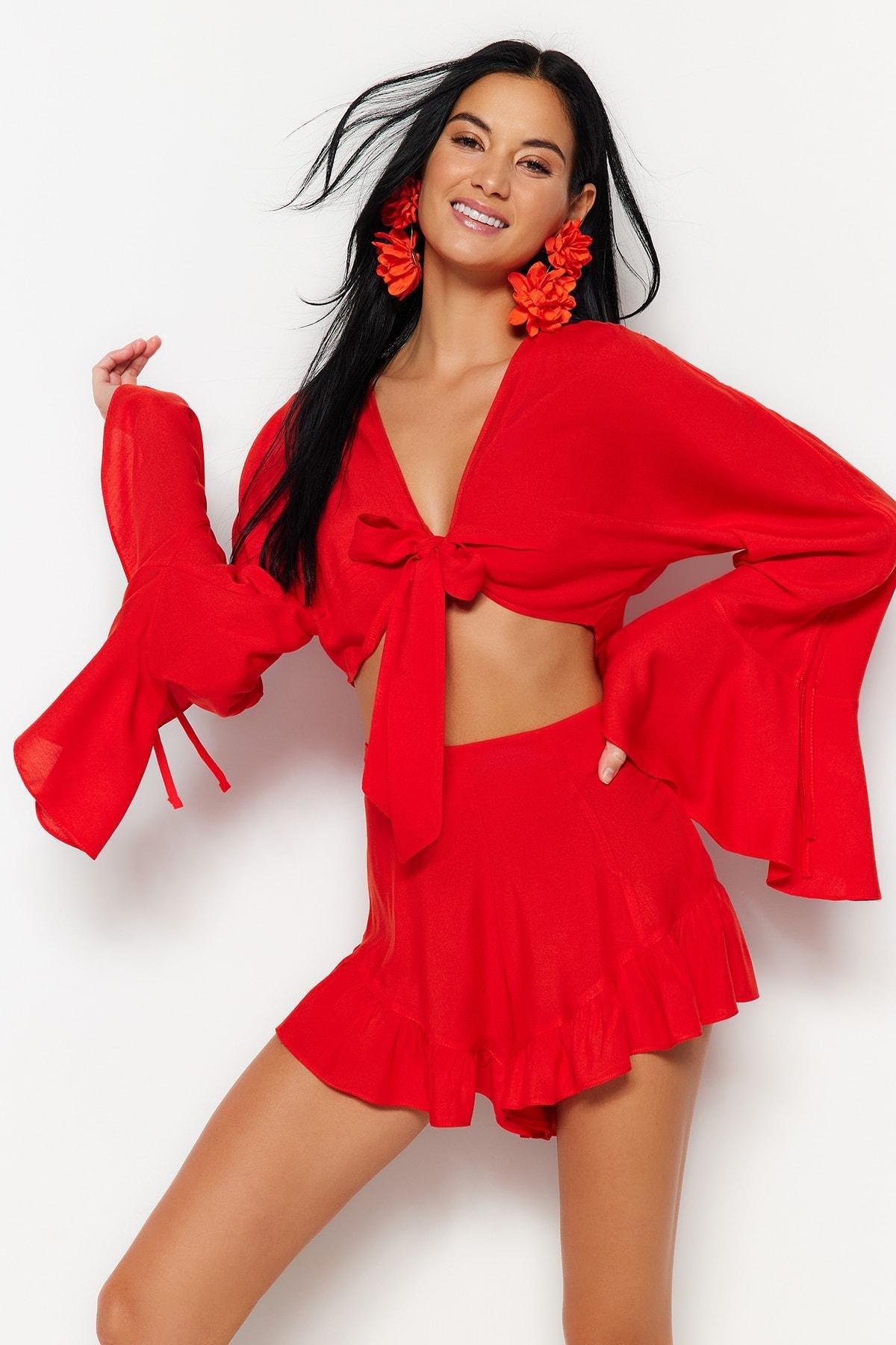 Red V-Neck Ruffle Sleeve Co-Ord Set, , large image number 4