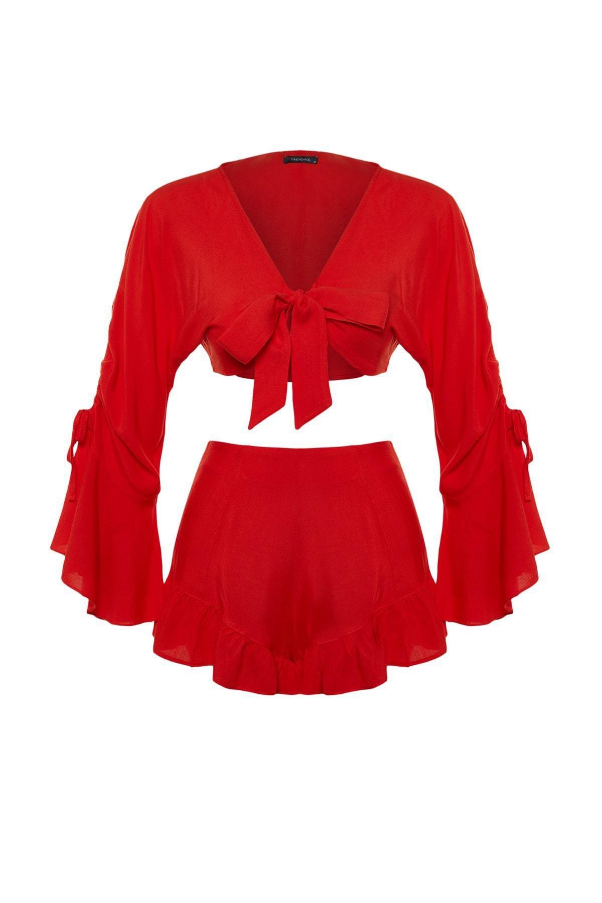 Red V-Neck Ruffle Sleeve Co-Ord Set, , large image number 5