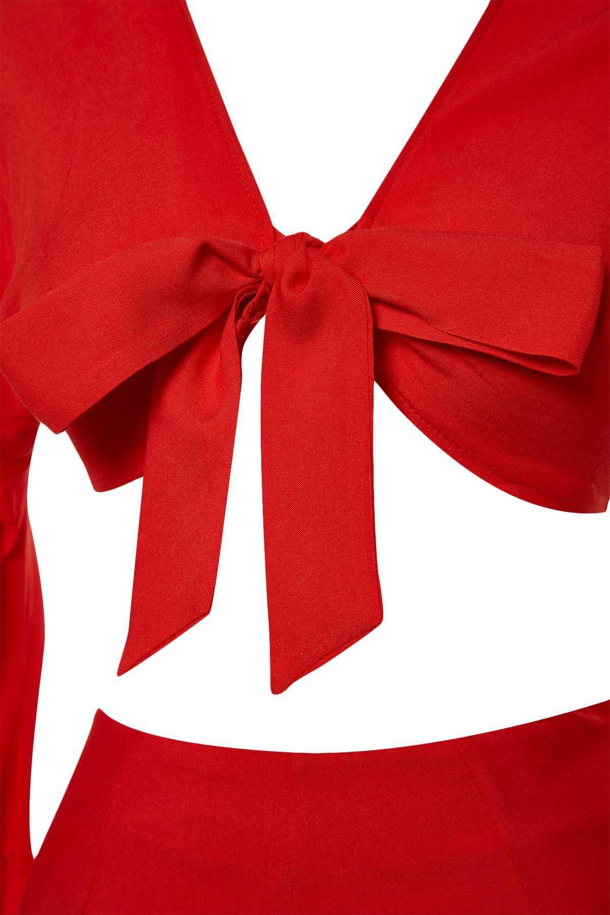 Red V-Neck Ruffle Sleeve Co-Ord Set, , large image number 6