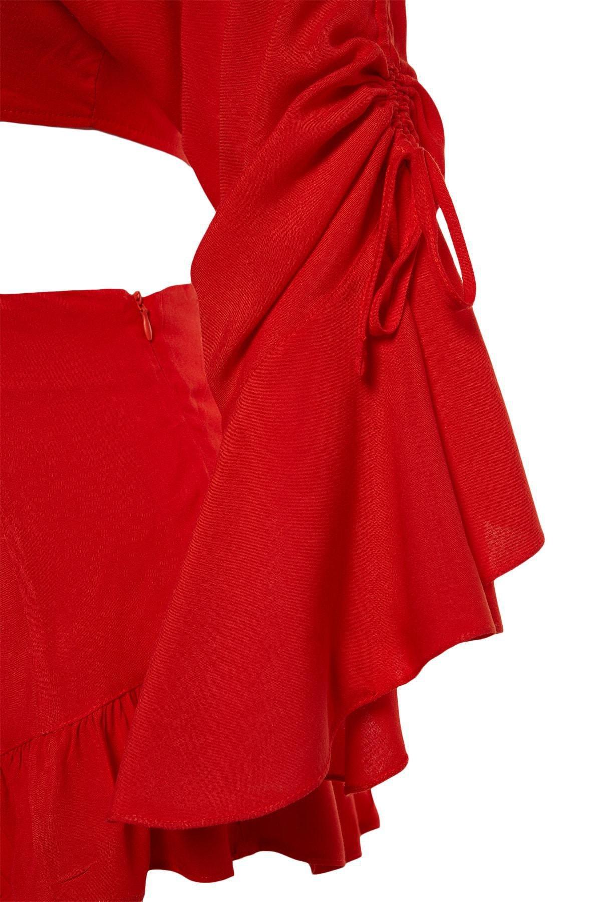 Red V-Neck Ruffle Sleeve Co-Ord Set, , large image number 7