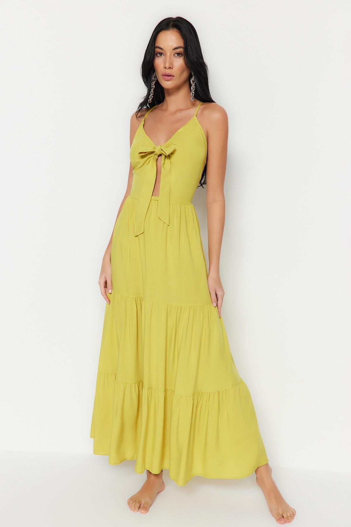 Green V-Neck Smock Dress, , large image number 1