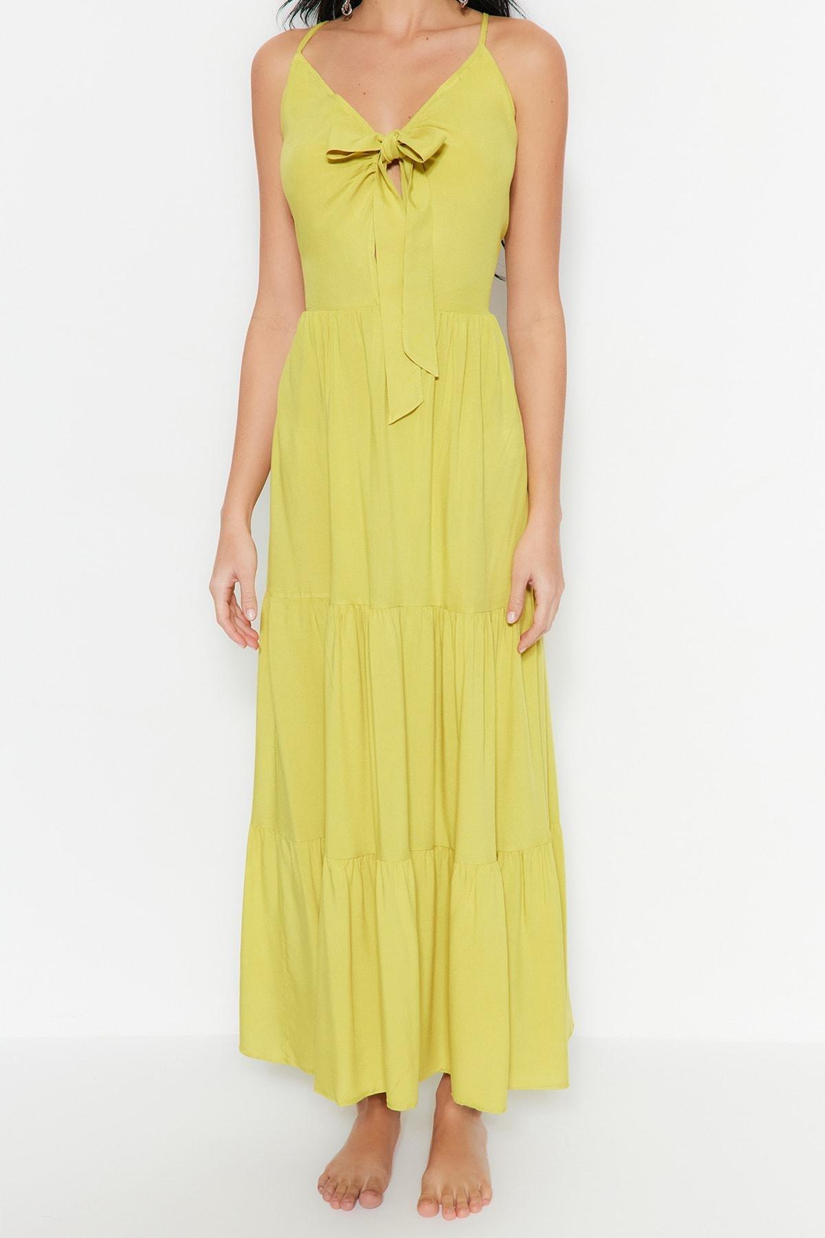 Trendyol - Green V-Neck Smock Dress