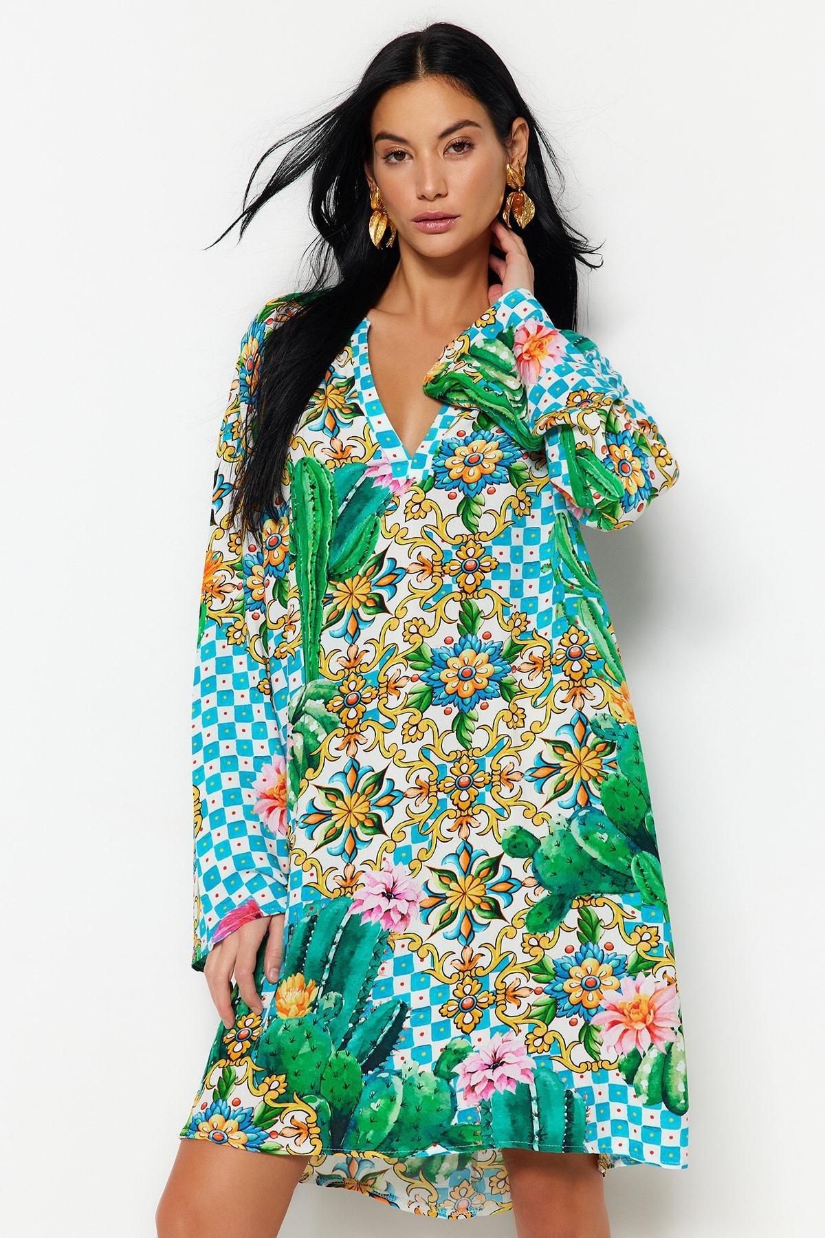 Multicolour V-Neck Shirt Dress, , large image number 0