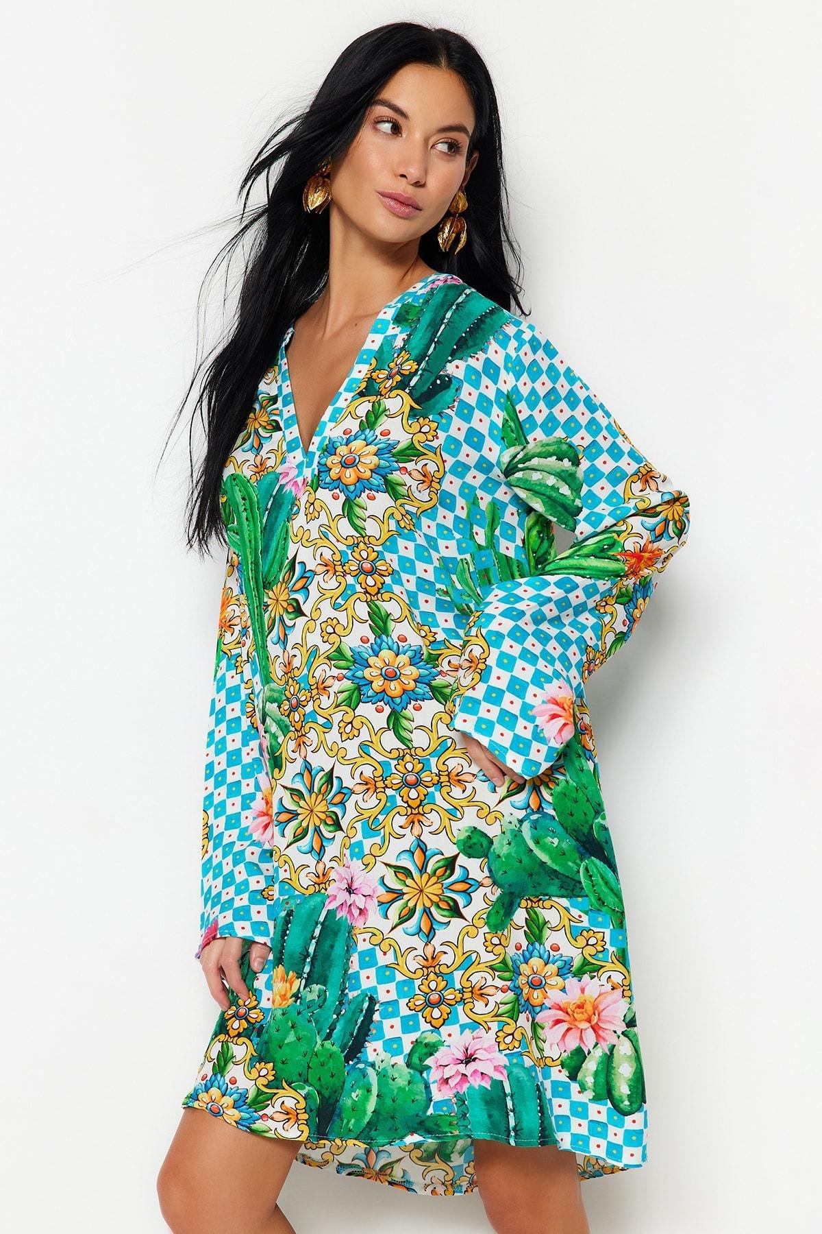 Multicolour V-Neck Shirt Dress, , large image number 2