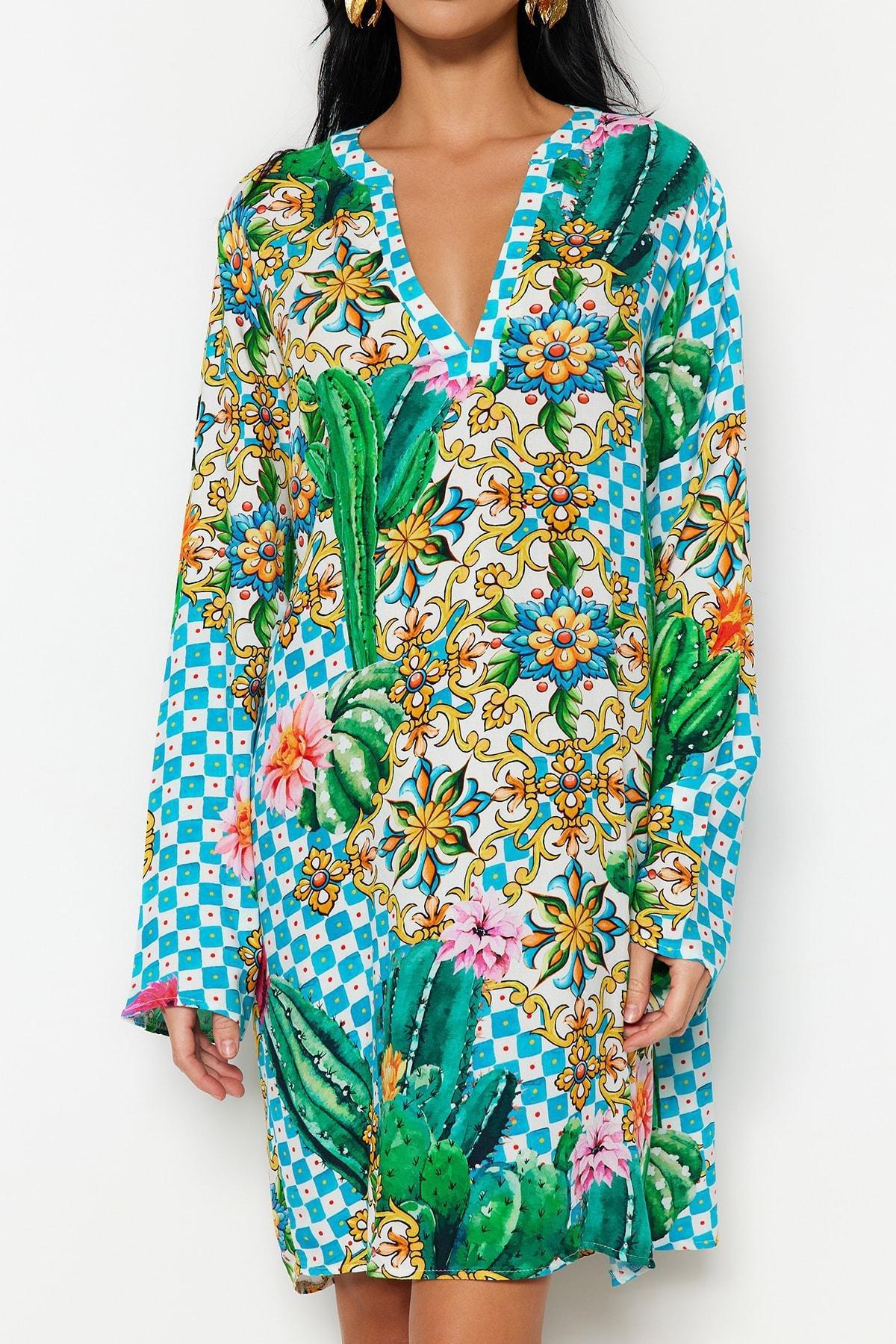 Multicolour V-Neck Shirt Dress, , large image number 4