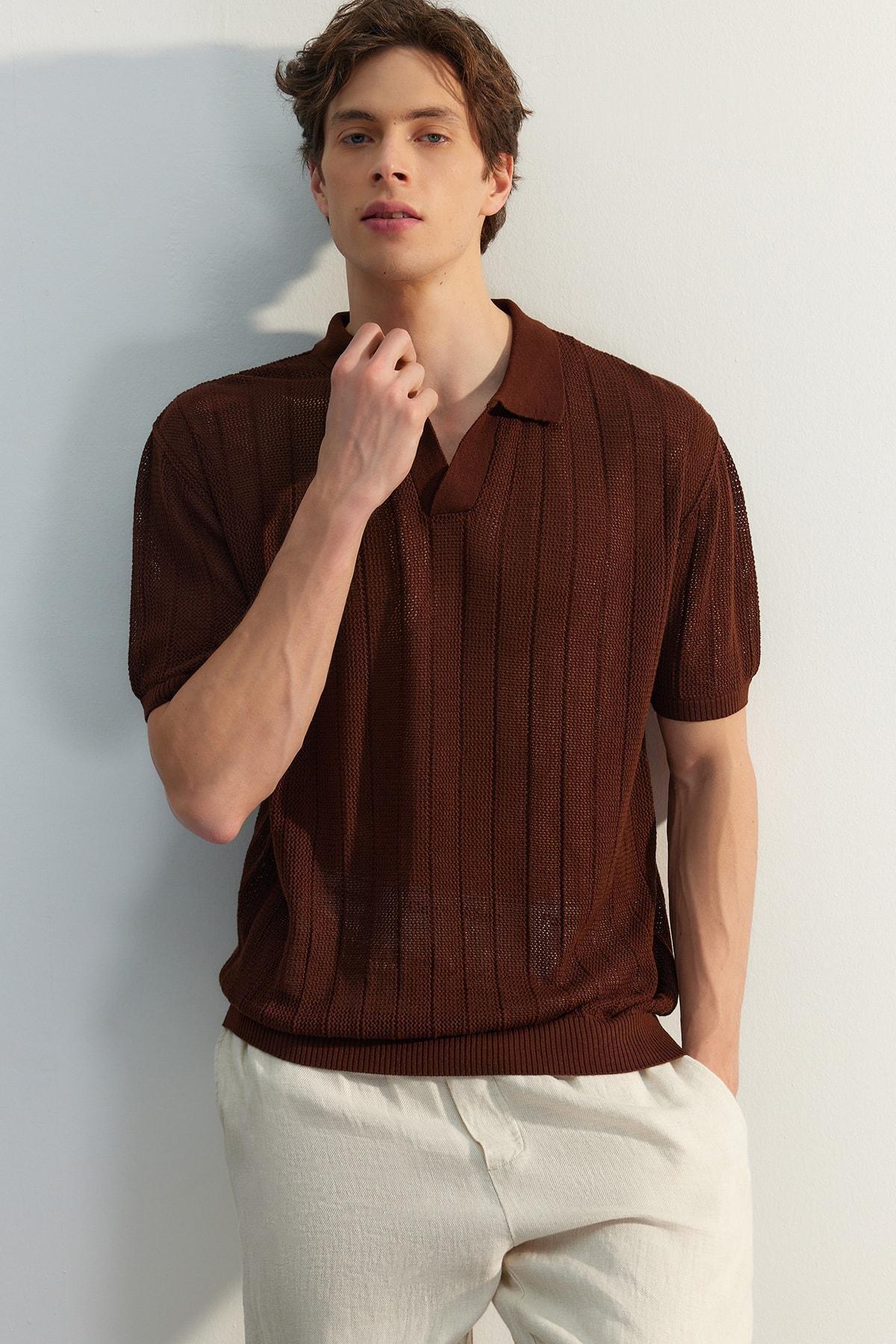 Brown Short Sleeve Openwork Knitwear T-Shirt, , large image number 2