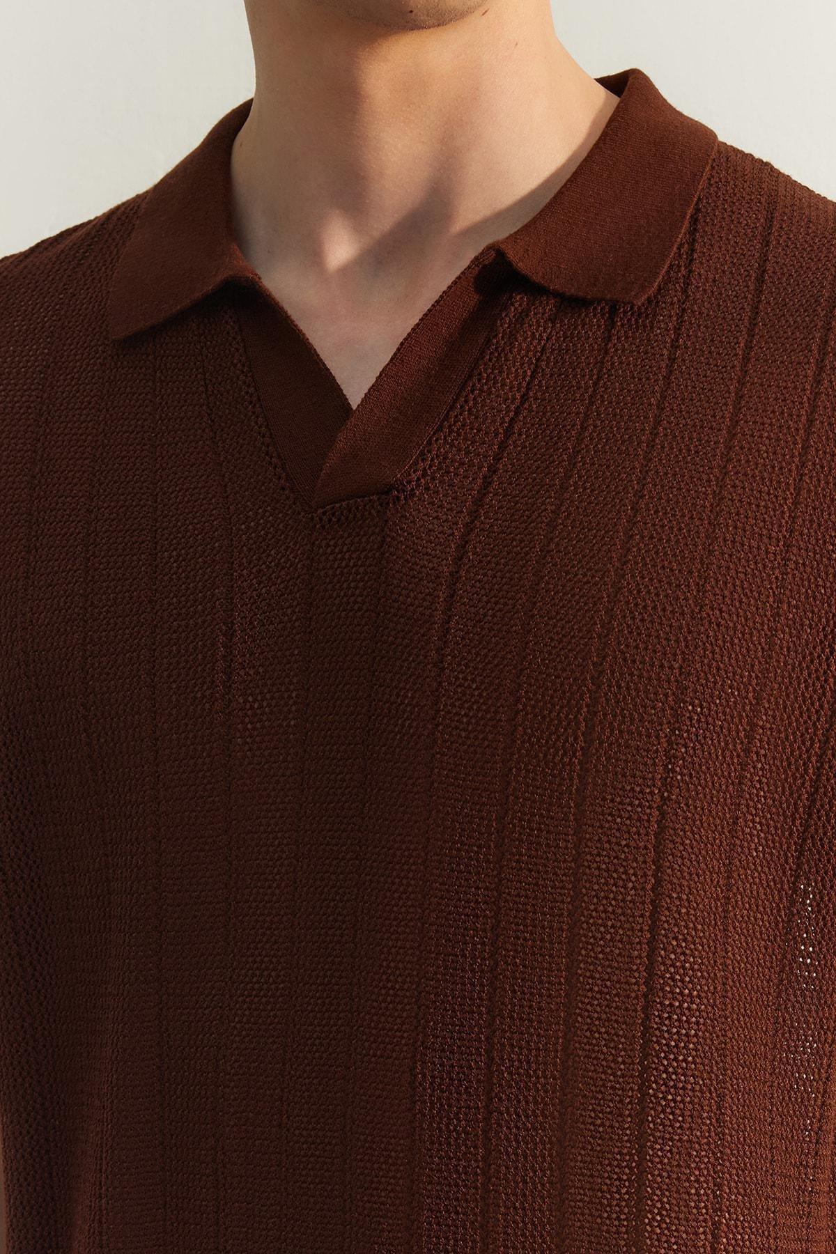 Brown Short Sleeve Openwork Knitwear T-Shirt, , large image number 3