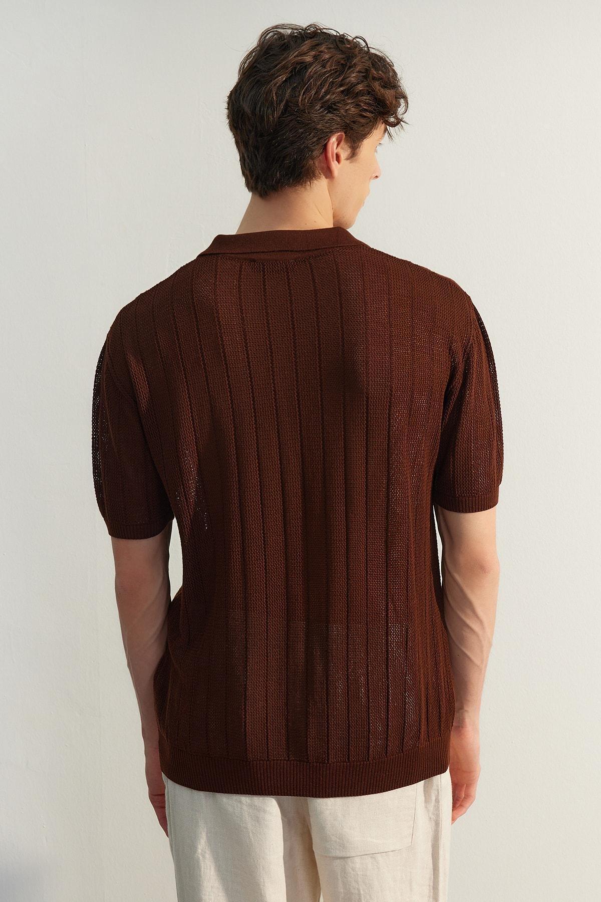 Brown Short Sleeve Openwork Knitwear T-Shirt, , large image number 4
