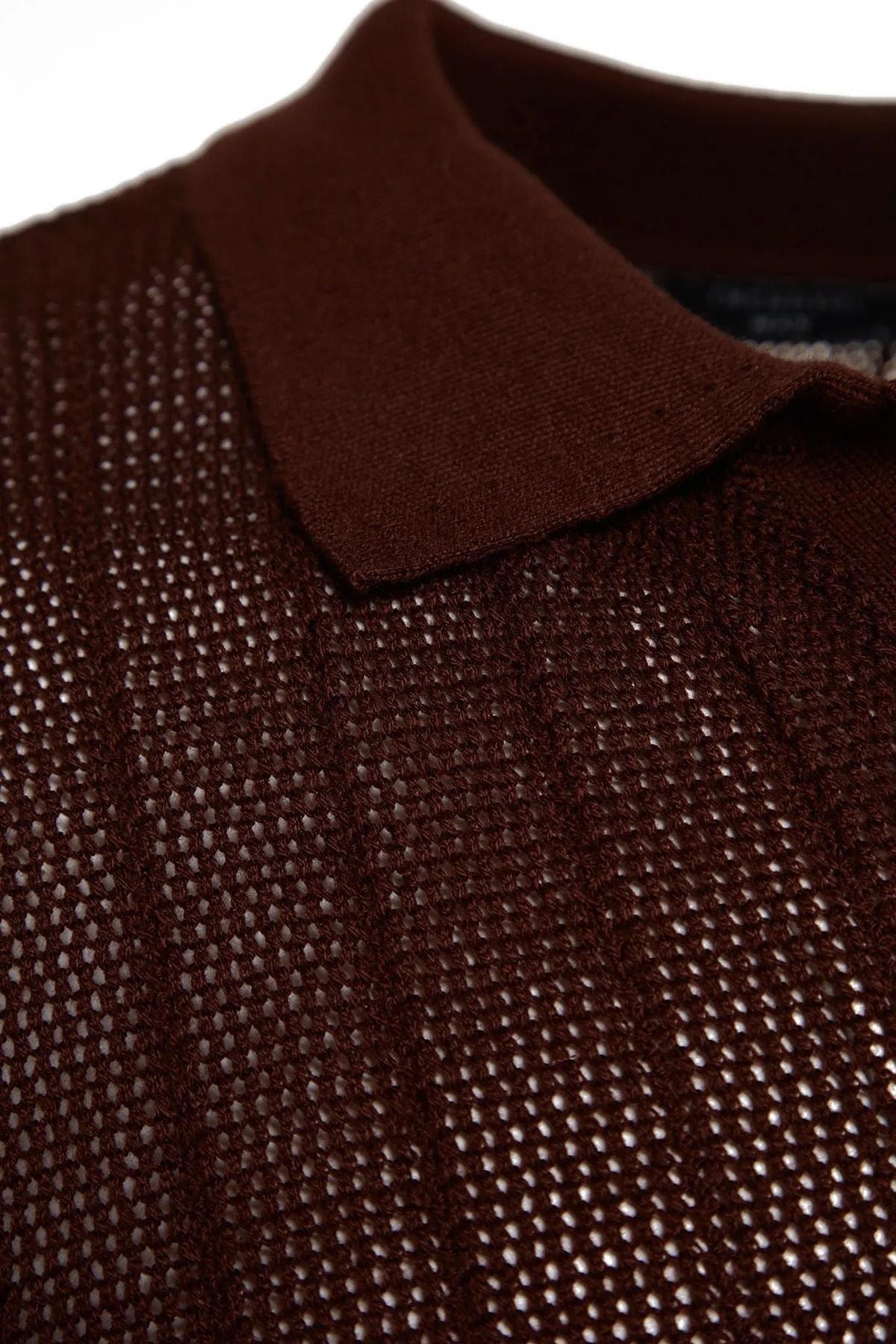 Brown Short Sleeve Openwork Knitwear T-Shirt, , large image number 5