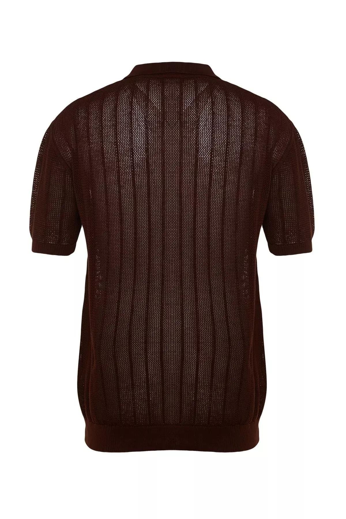 Brown Short Sleeve Openwork Knitwear T-Shirt, Brown, large image number 6
