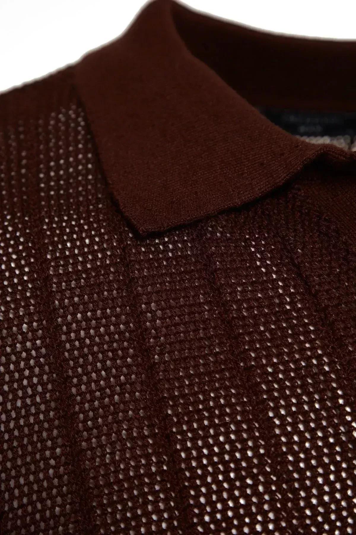 Brown Short Sleeve Openwork Knitwear T-Shirt, Brown, large image number 7