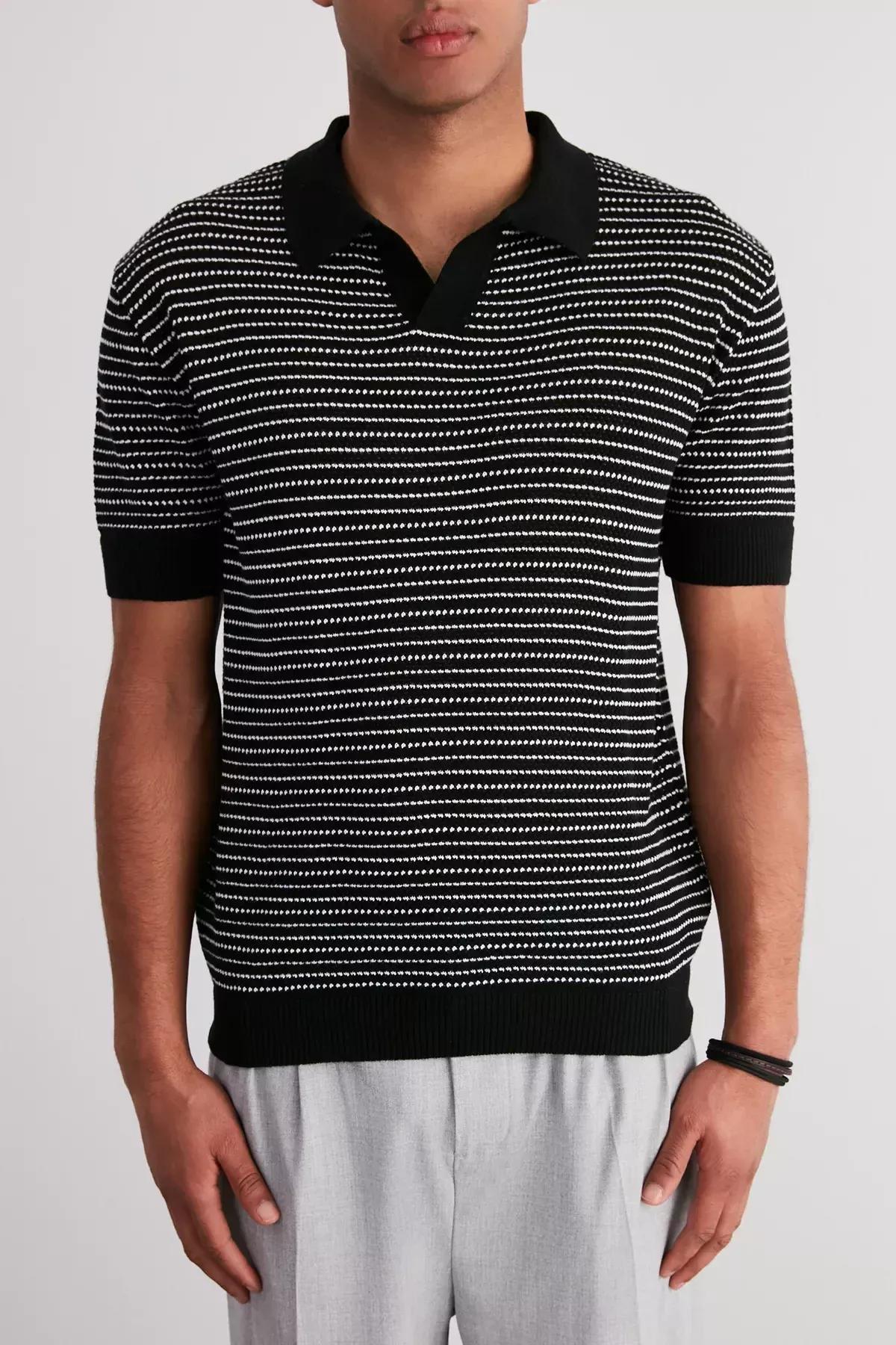 Black Relaxed Polo Neck Knitted T-Shirt, , large image number 3