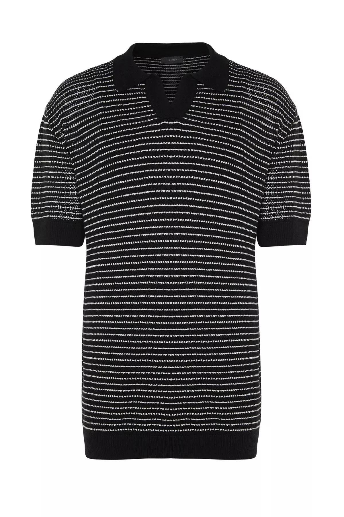 Black Relaxed Polo Neck Knitted T-Shirt, , large image number 5