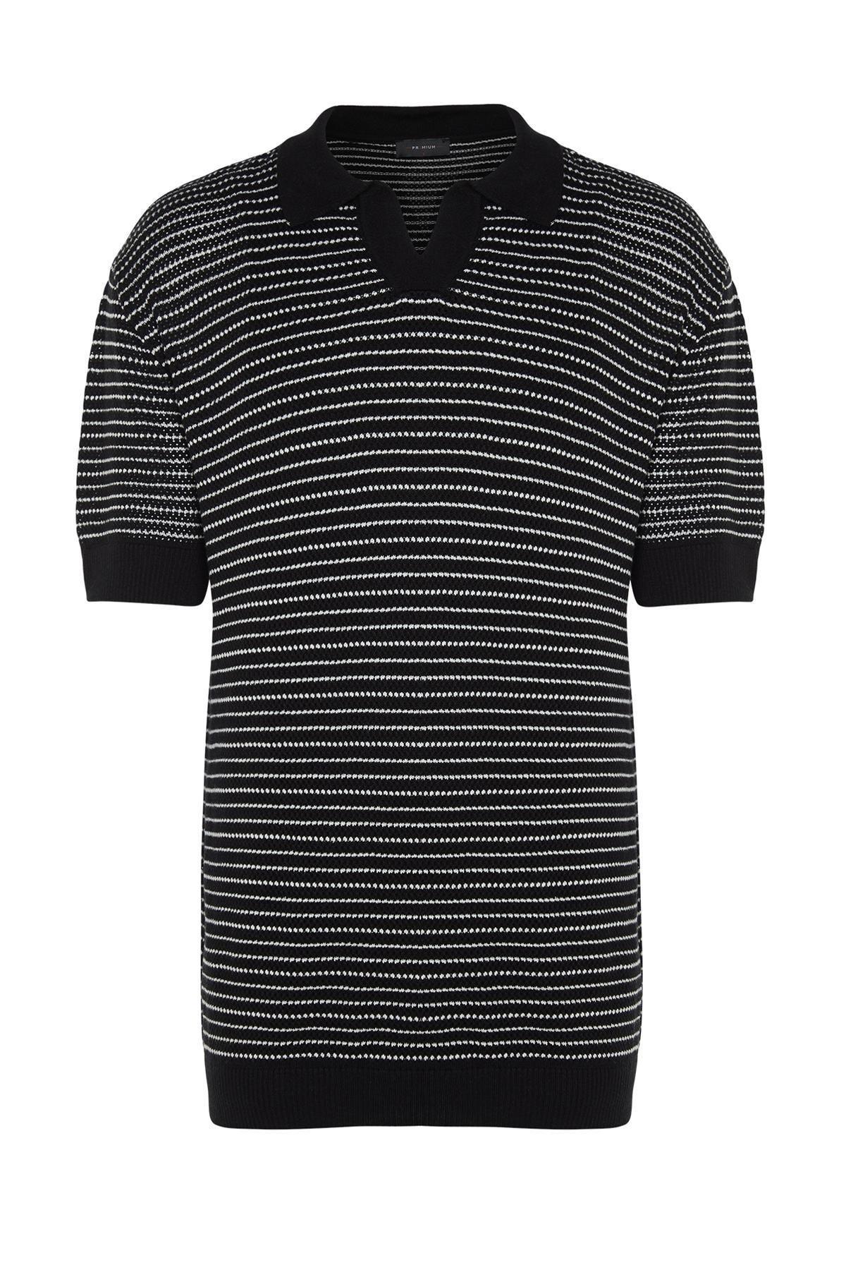Black Relaxed Polo Neck Knitted T-Shirt, , large image number 6