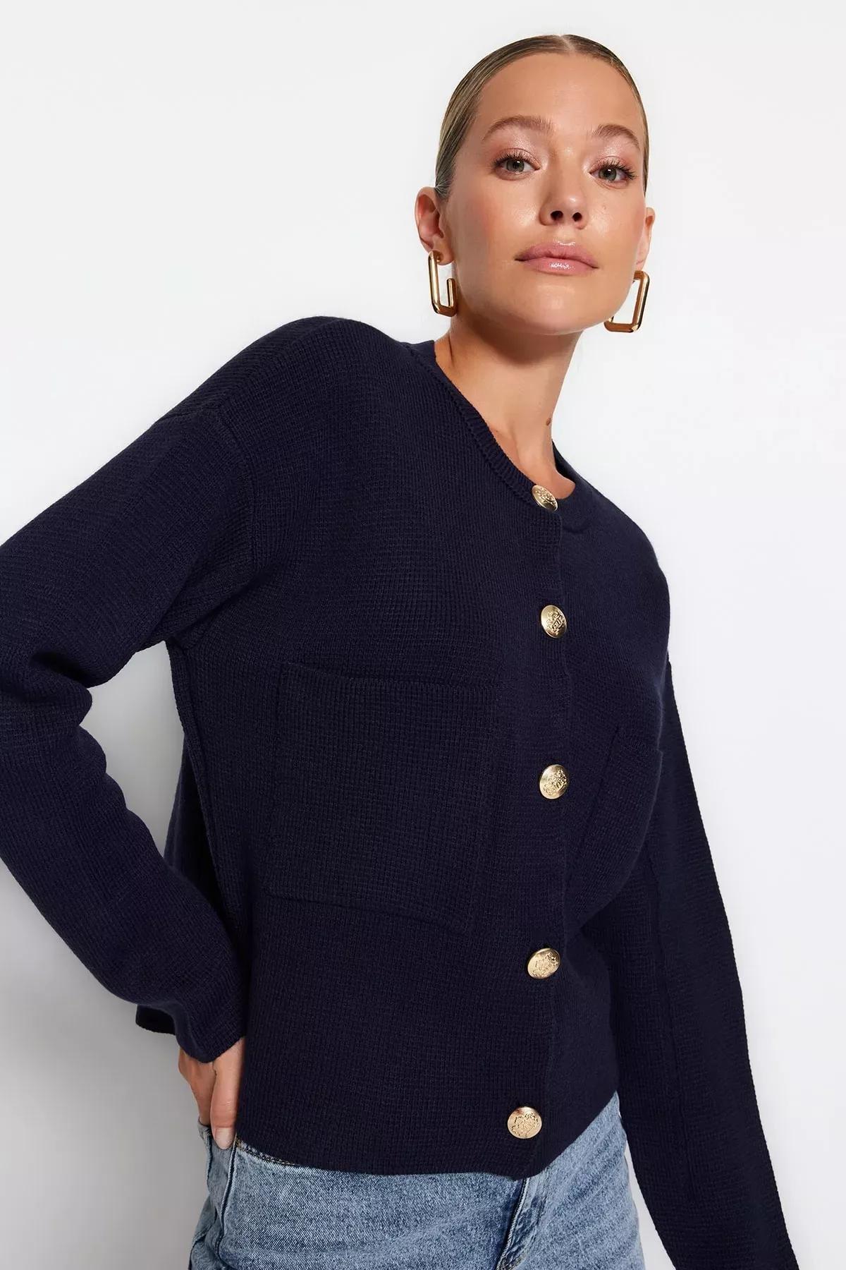 Blue Accessorized Knitted Cardigan, , large image number 0