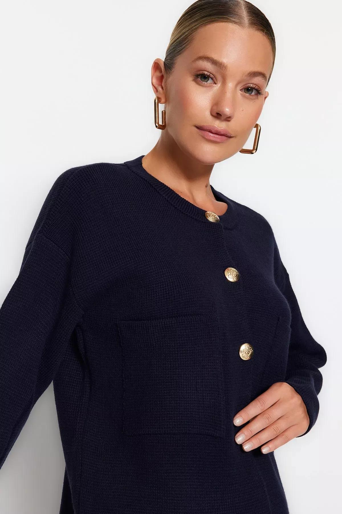 Blue Accessorized Knitted Cardigan, , large image number 2
