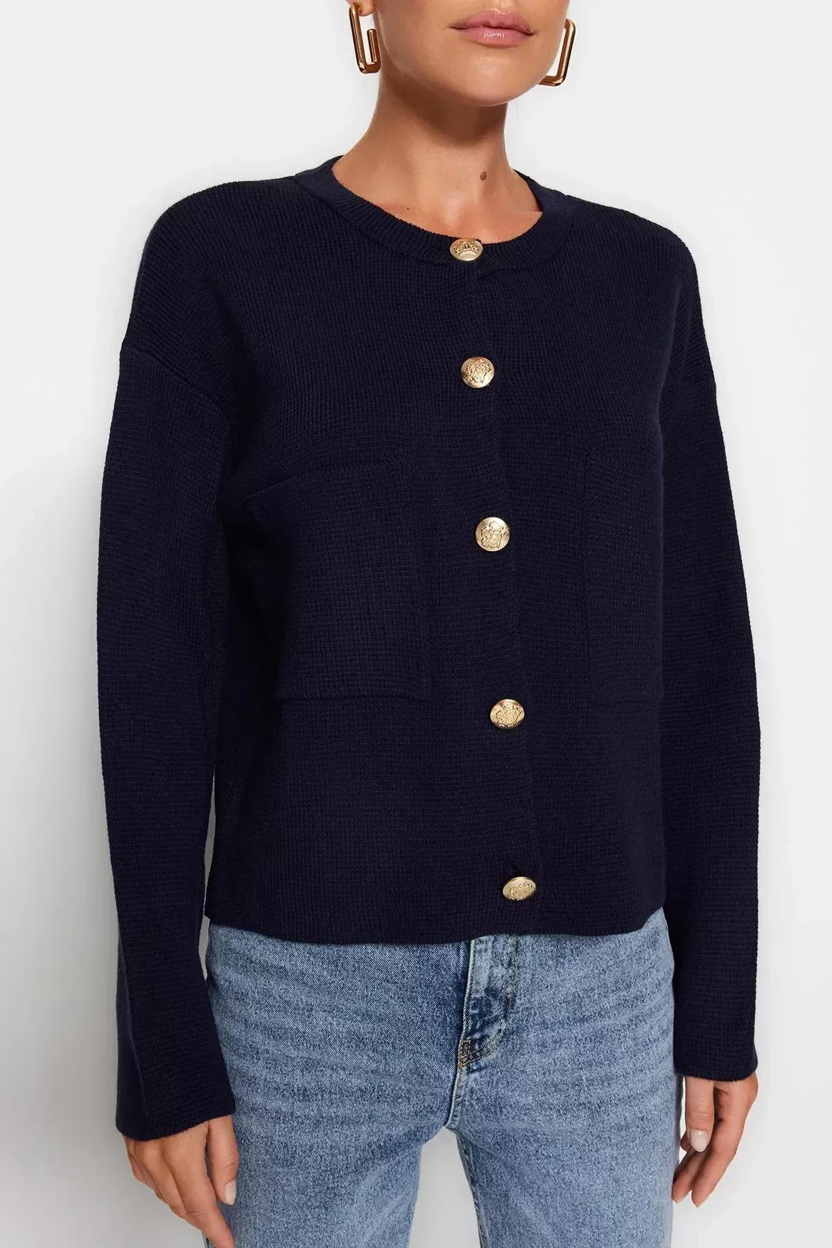 Blue Accessorized Knitted Cardigan, , large image number 3