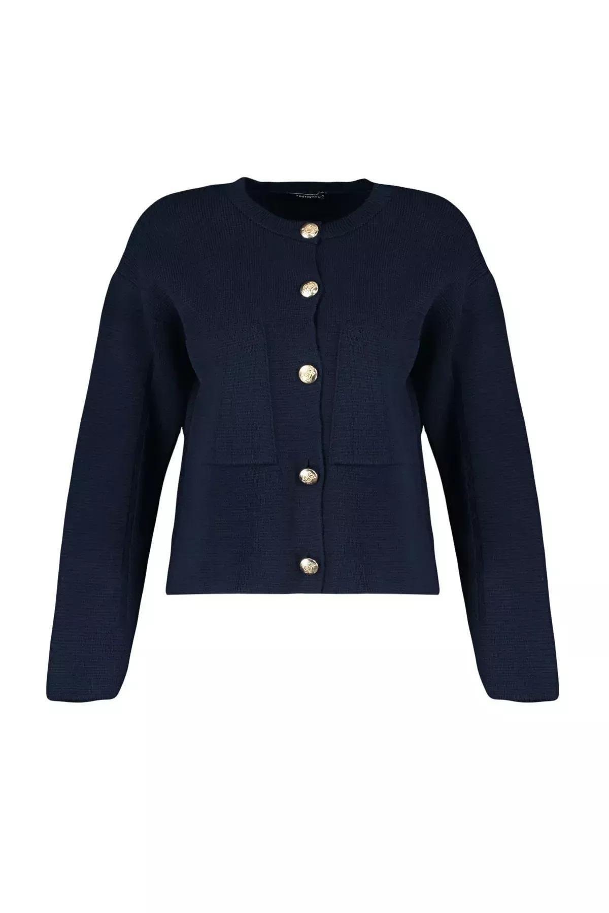 Blue Accessorized Knitted Cardigan, Navy blue, large image number 5