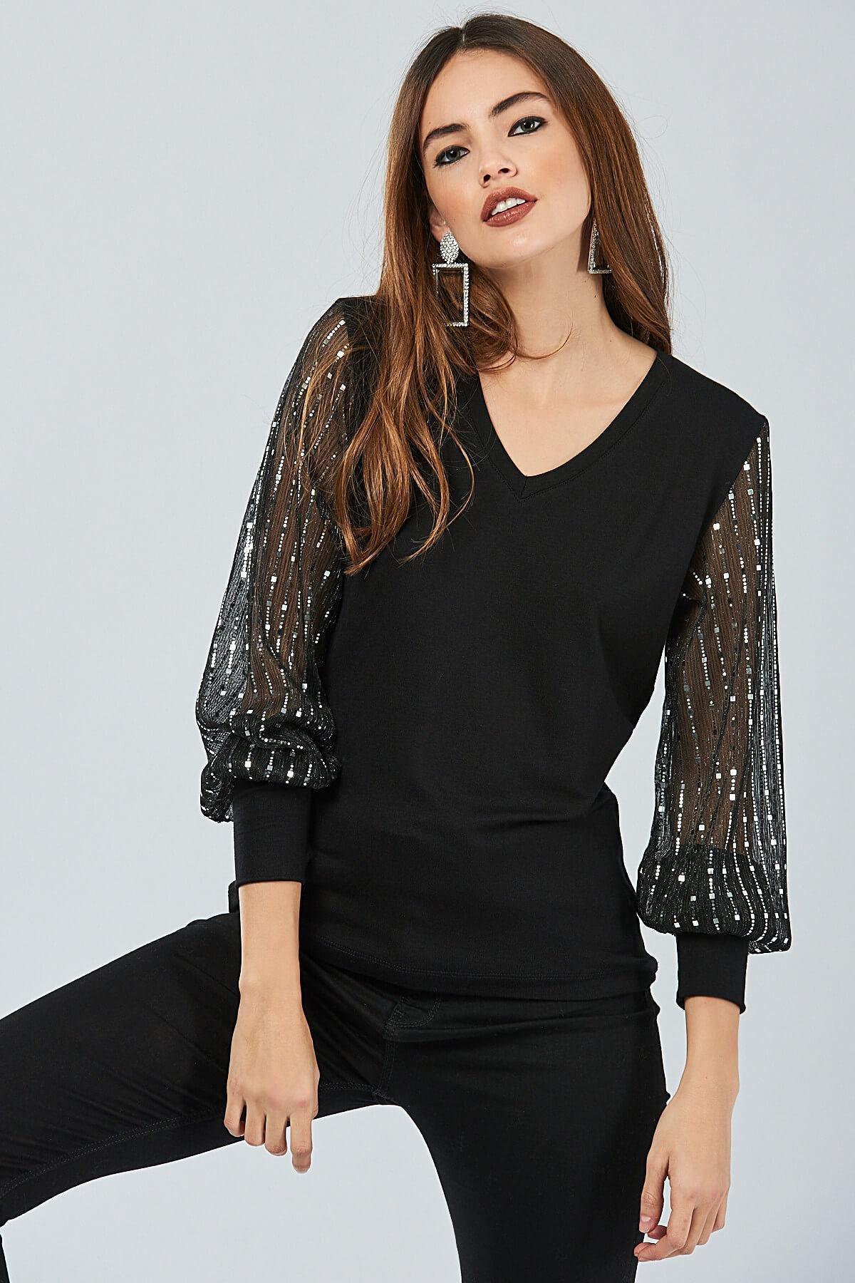 Black V-Neck Blouse, BLACK, medium
