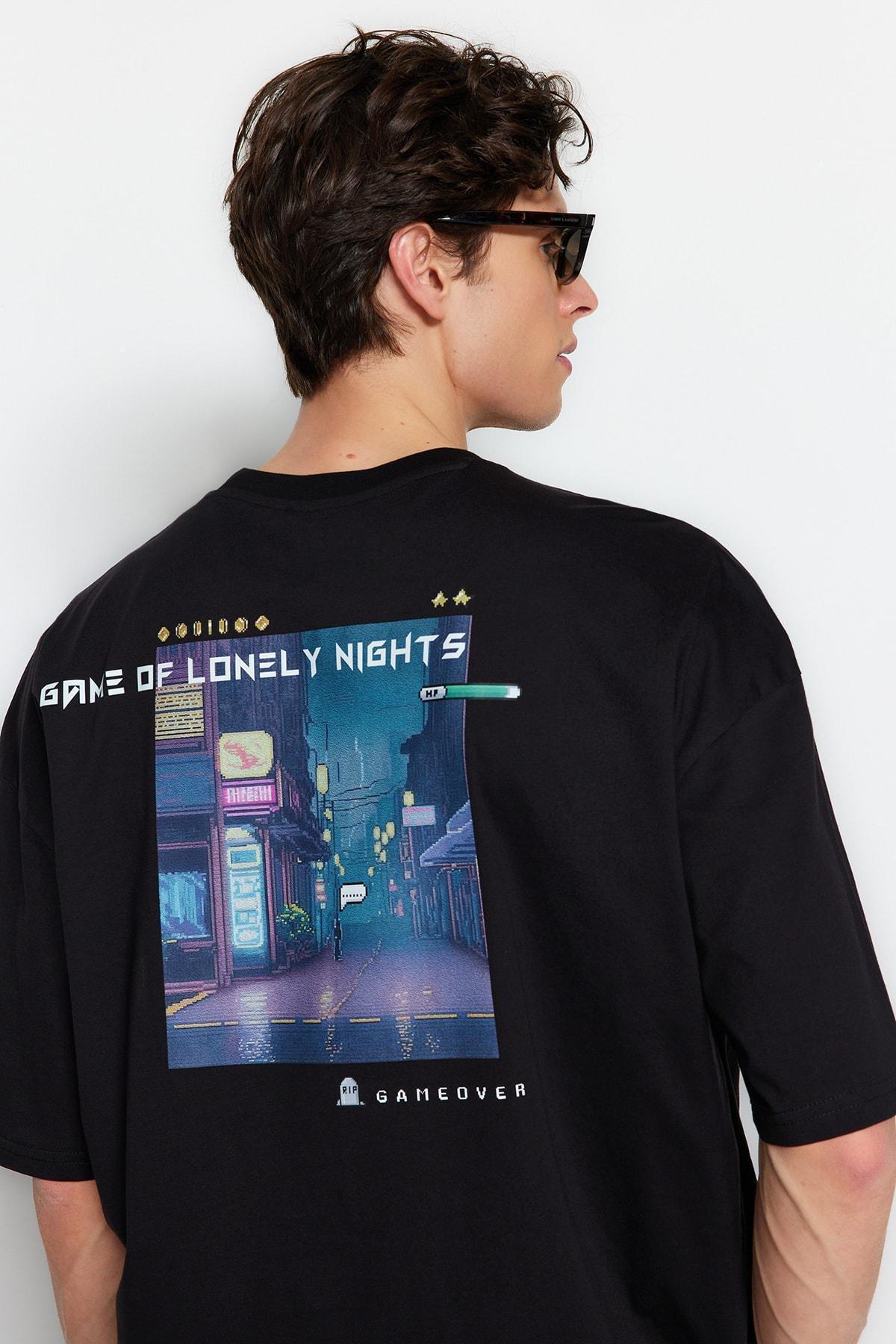 Black Oversize Crew Neck T-Shirt, , large image number 0