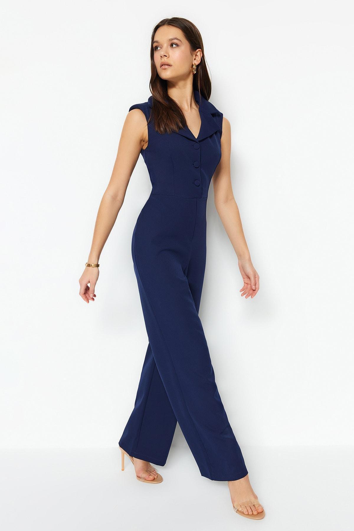 Navy Lapel Collar Jumpsuit, , large image number 0