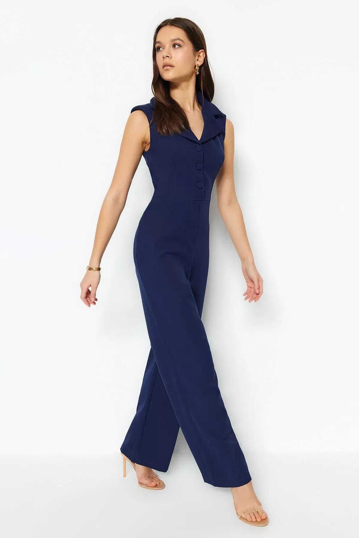 Navy Lapel Collar Jumpsuit, Dark blue, large image number 0