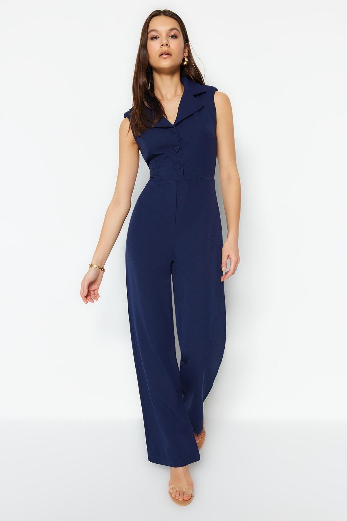 Navy Lapel Collar Jumpsuit, , large image number 1