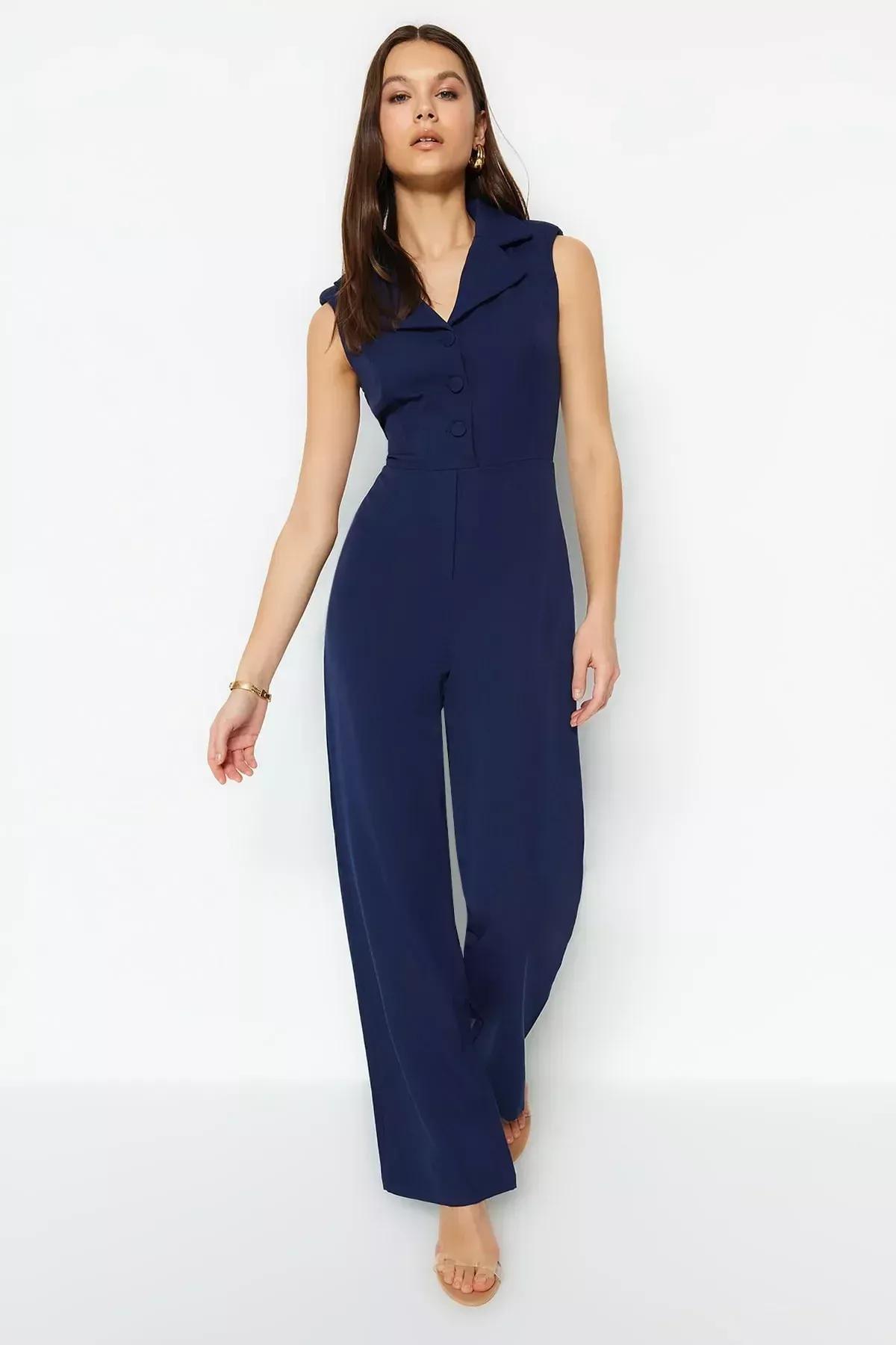 Navy Lapel Collar Jumpsuit, Dark blue, large image number 1