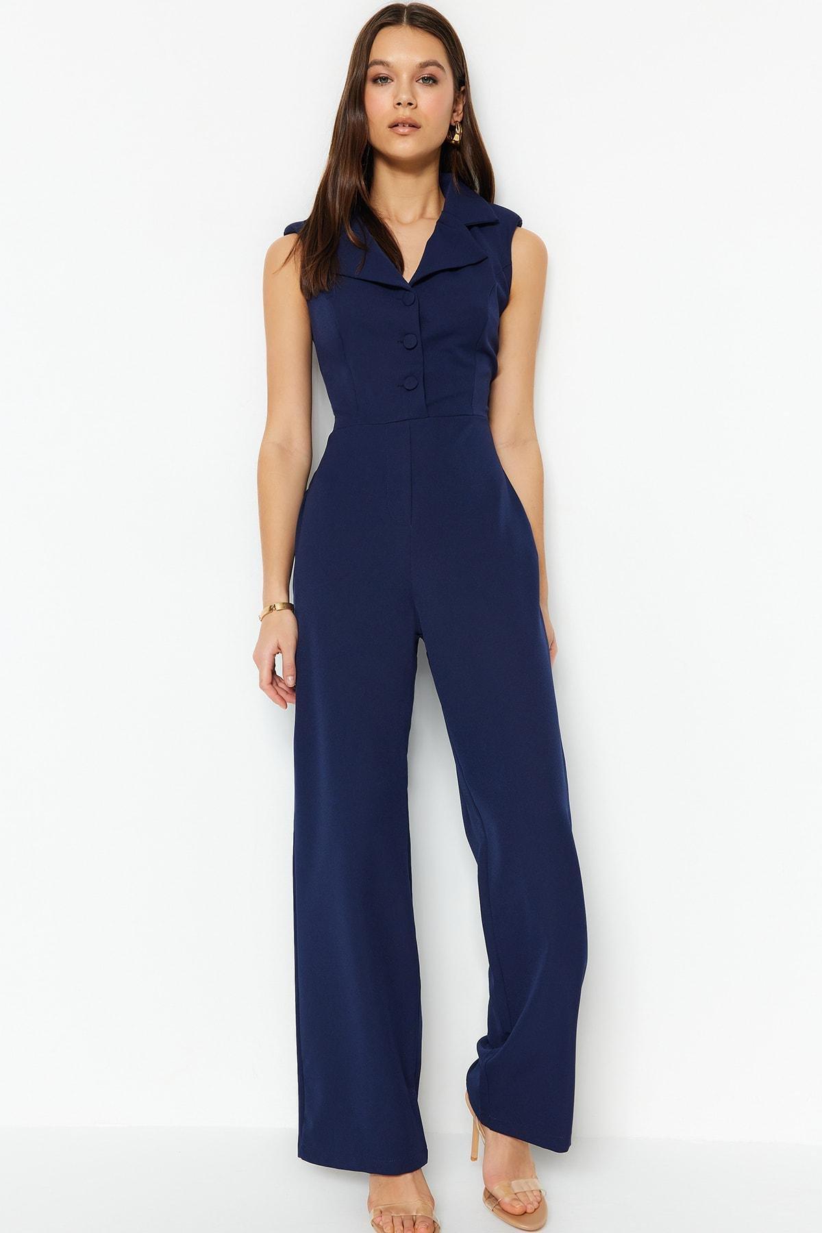 Navy Lapel Collar Jumpsuit, , large image number 3