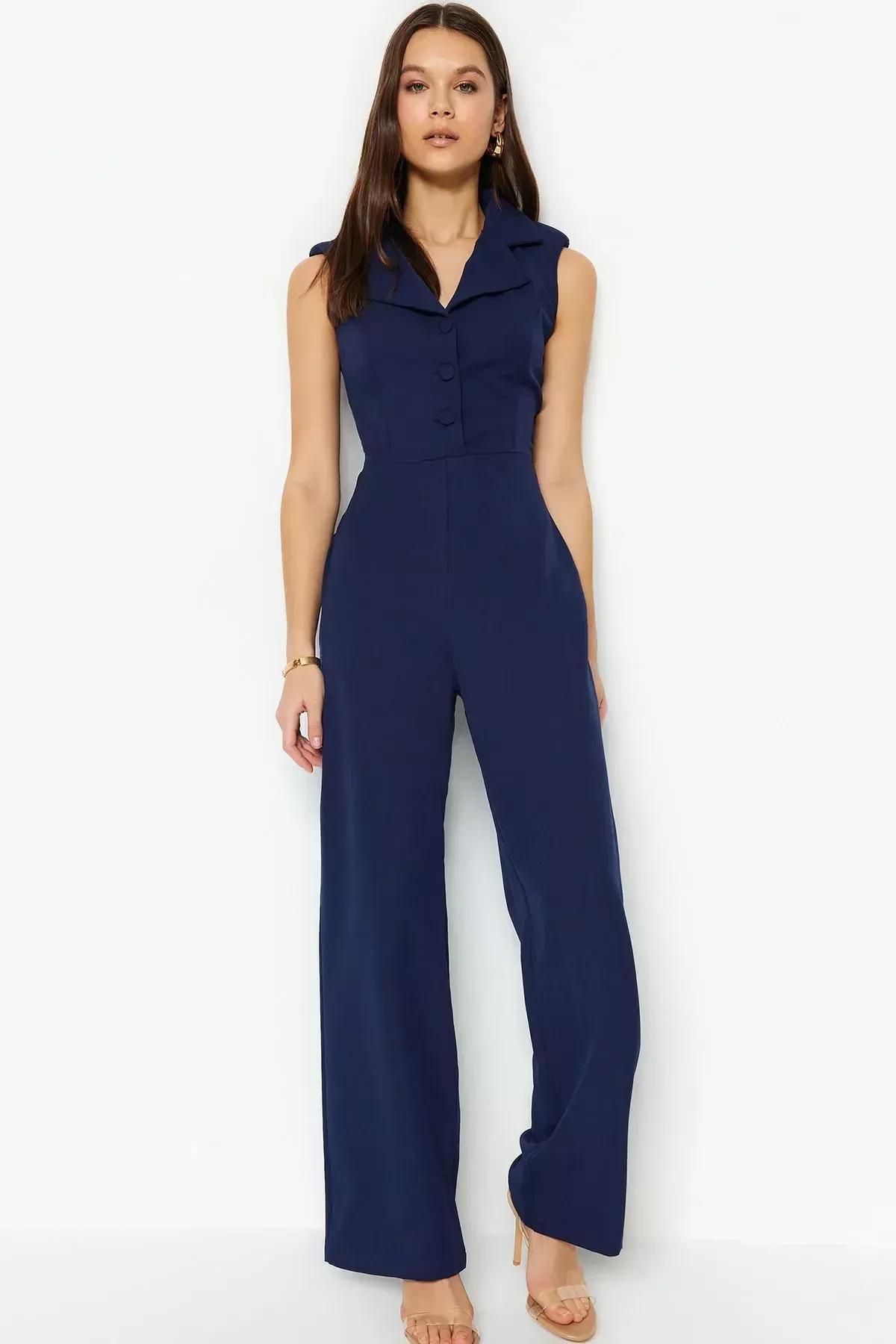 Navy Lapel Collar Jumpsuit, Dark blue, large image number 3