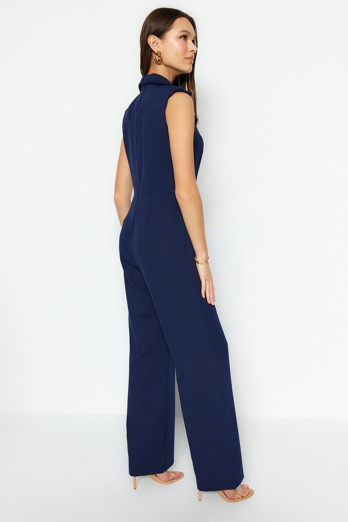 Navy Lapel Collar Jumpsuit, , large image number 5